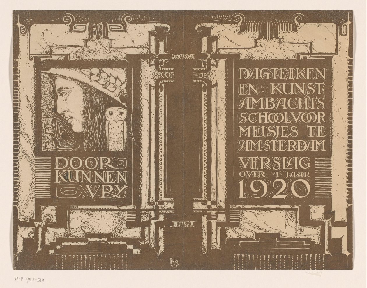 Einbandentwurf für: Bericht der Zeichen- und Kunstgewerbeschule für Mädchen in Amsterdam über das Jahr 1920 von Nicolaas van de Vecht