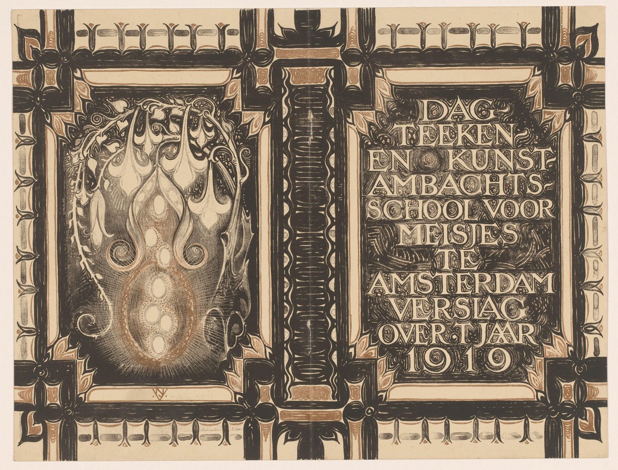 Einbandentwurf für: Bericht der Zeichen- und Kunstgewerbeschule für Mädchen in Amsterdam für das Jahr 1919 von Nicolaas van de Vecht