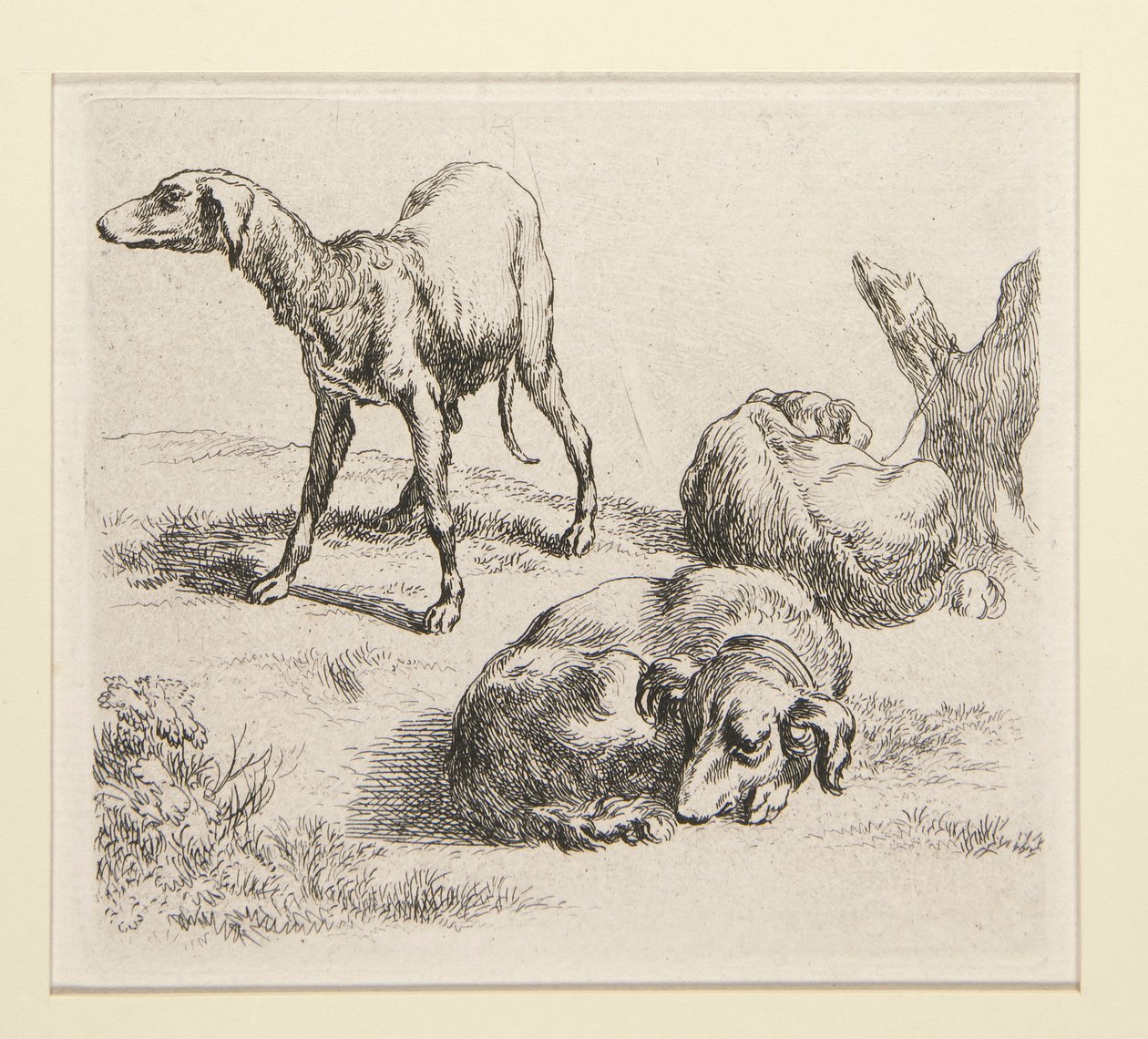 2 Radierungen aus dem Set Verschiedene Tiere, mit dem Mann unter den Bäumen, dem sogenannten Mann von Nicolaes Berchem