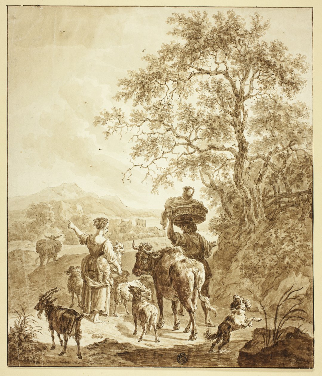 Hirtin und Bauer mit Herde in italienischer Landschaft von Nicolaes Berchem