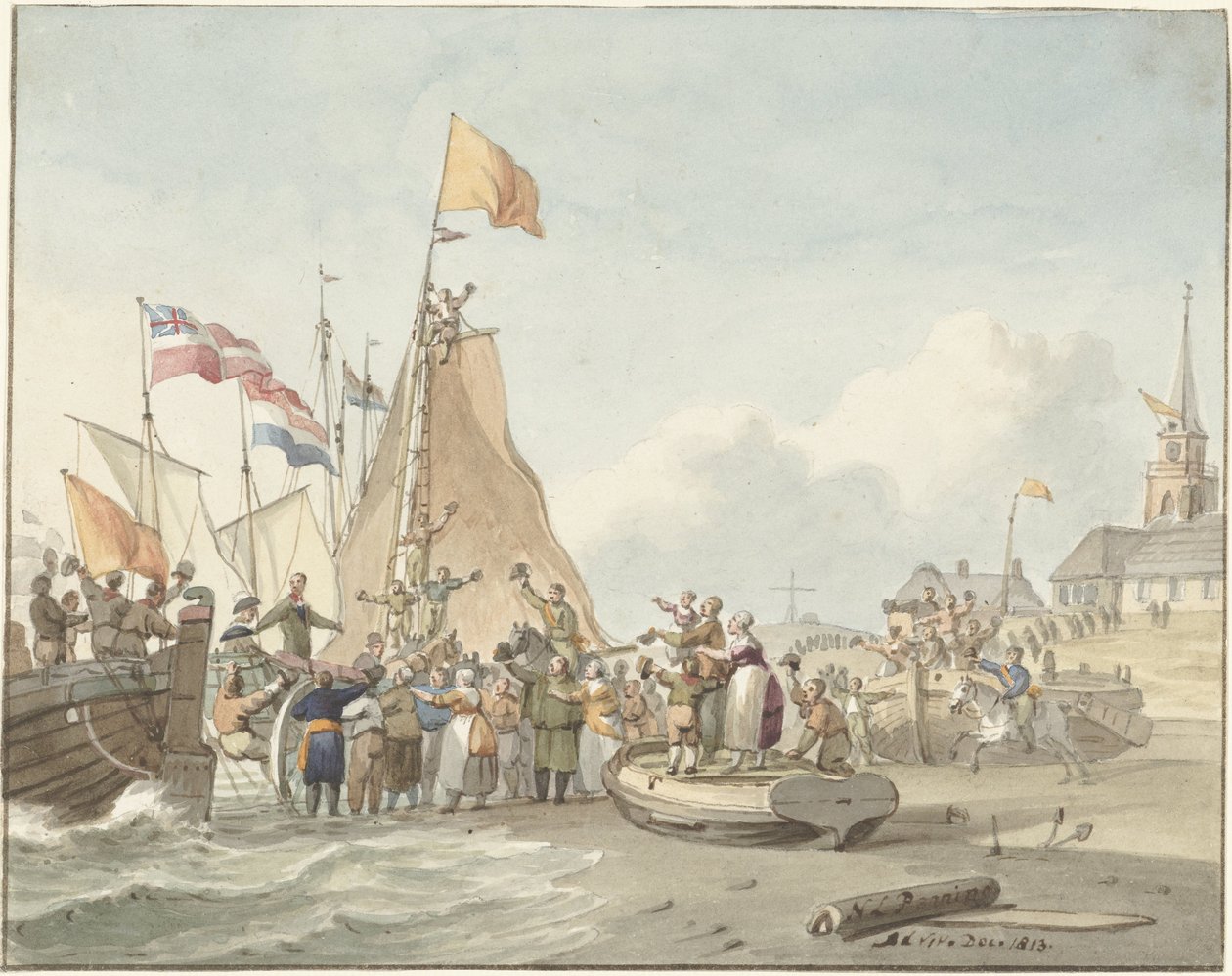 Ankunft von Prinz Willem Frederik in Scheveningen, 30. November 1813 von Nicolaes Lodewick Penning (signed by artist)
