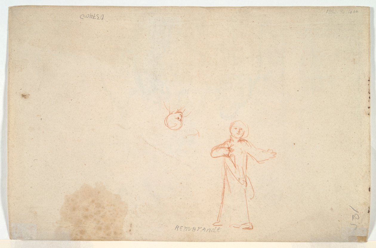Abraham bewirtet die Engel (recto); Frau stehend und Kopfstudie (verso) von Nicolaes Maes