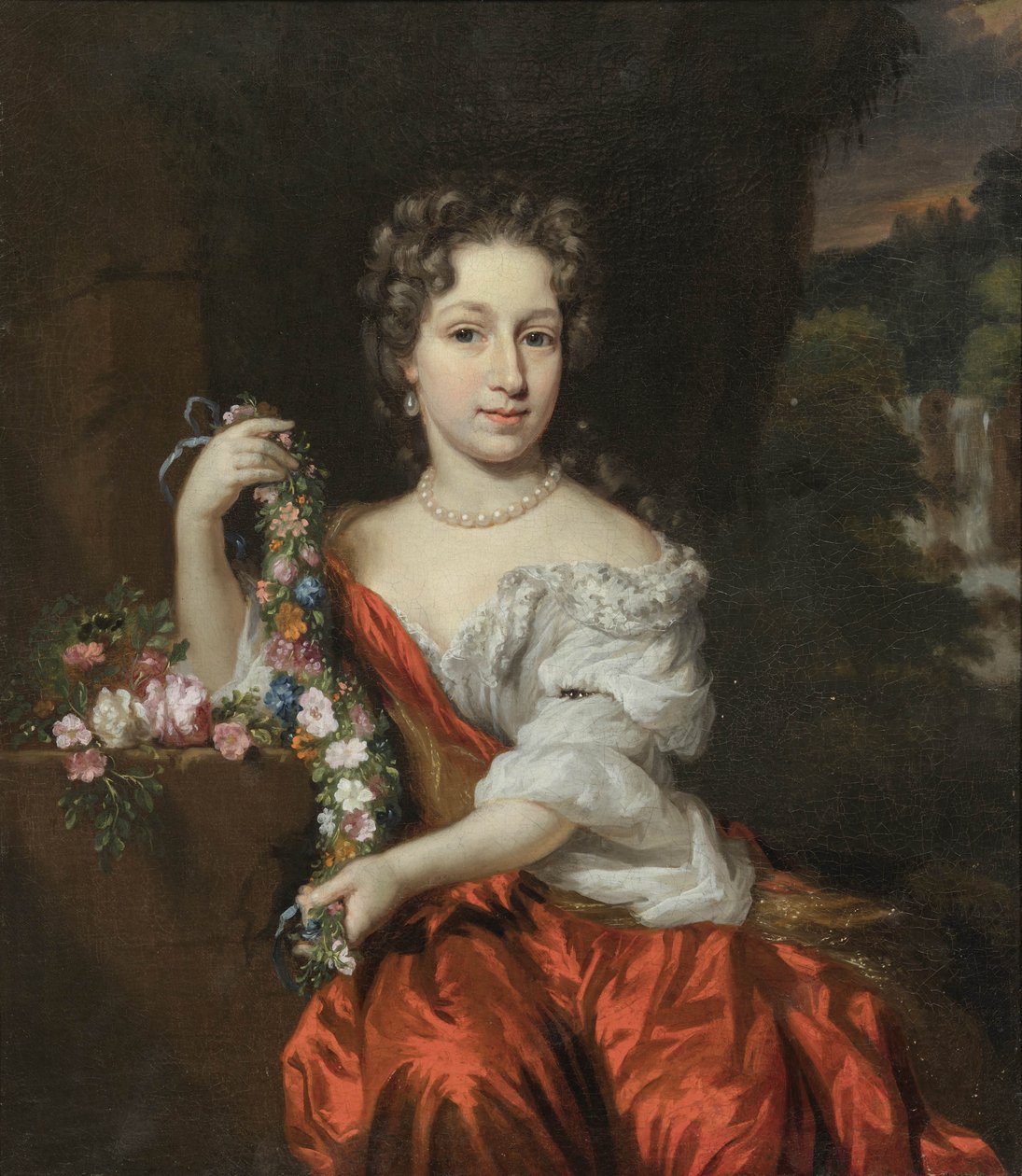 Porträt einer jungen Frau mit einem Blumenkranz von Nicolaes Maes