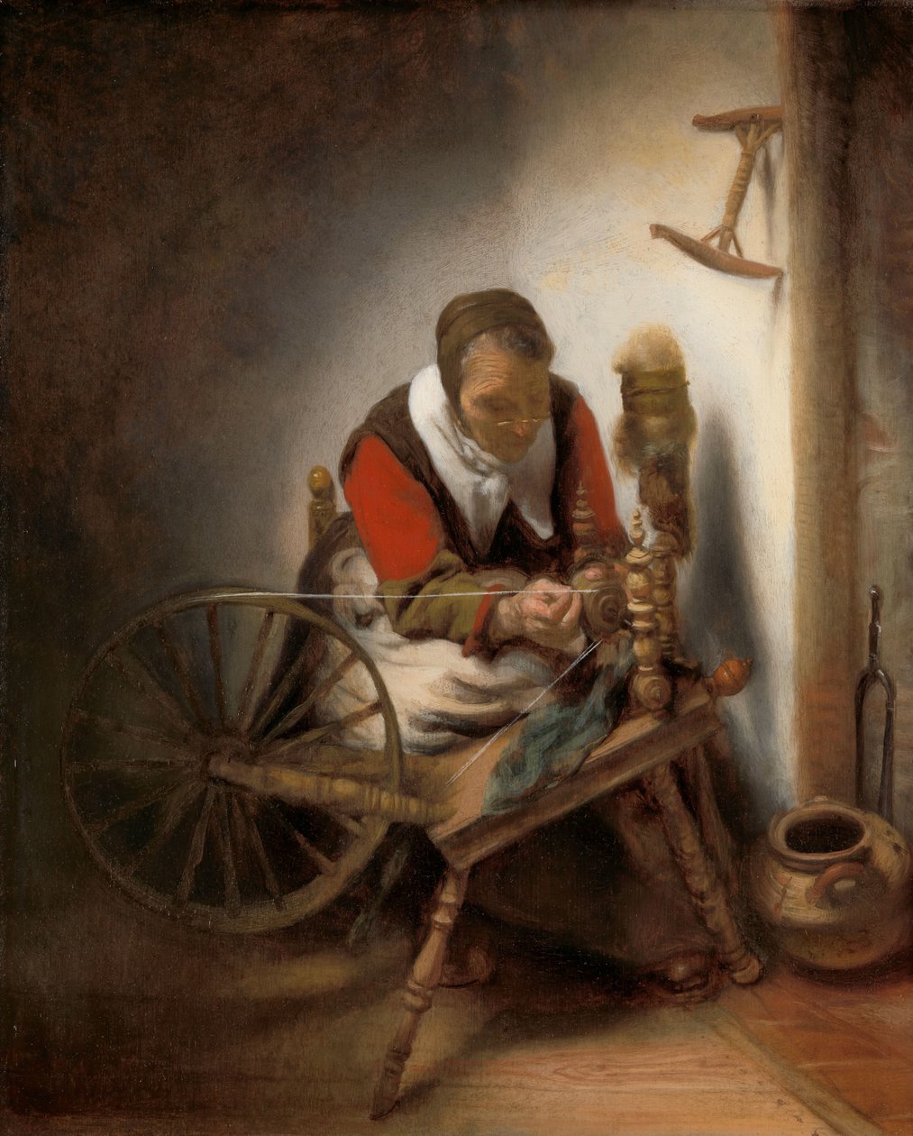 Die Spinnerin, ein Niddy-noddy an der Wand hängend von Nicolaes Maes