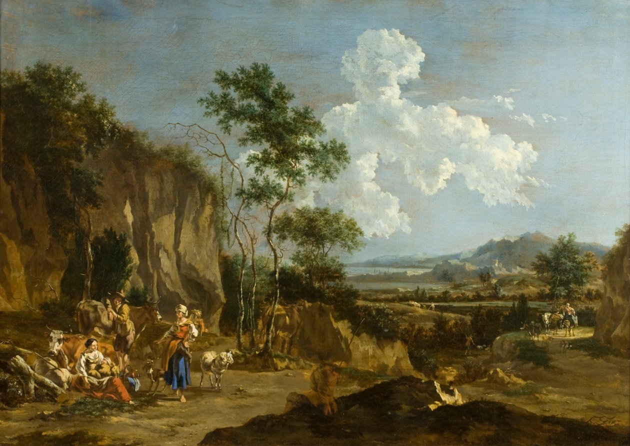 Italienische Landschaft (oder Arbeiter beim Mittagessen) von Nicolaes Pietersz (follower of) Berchem