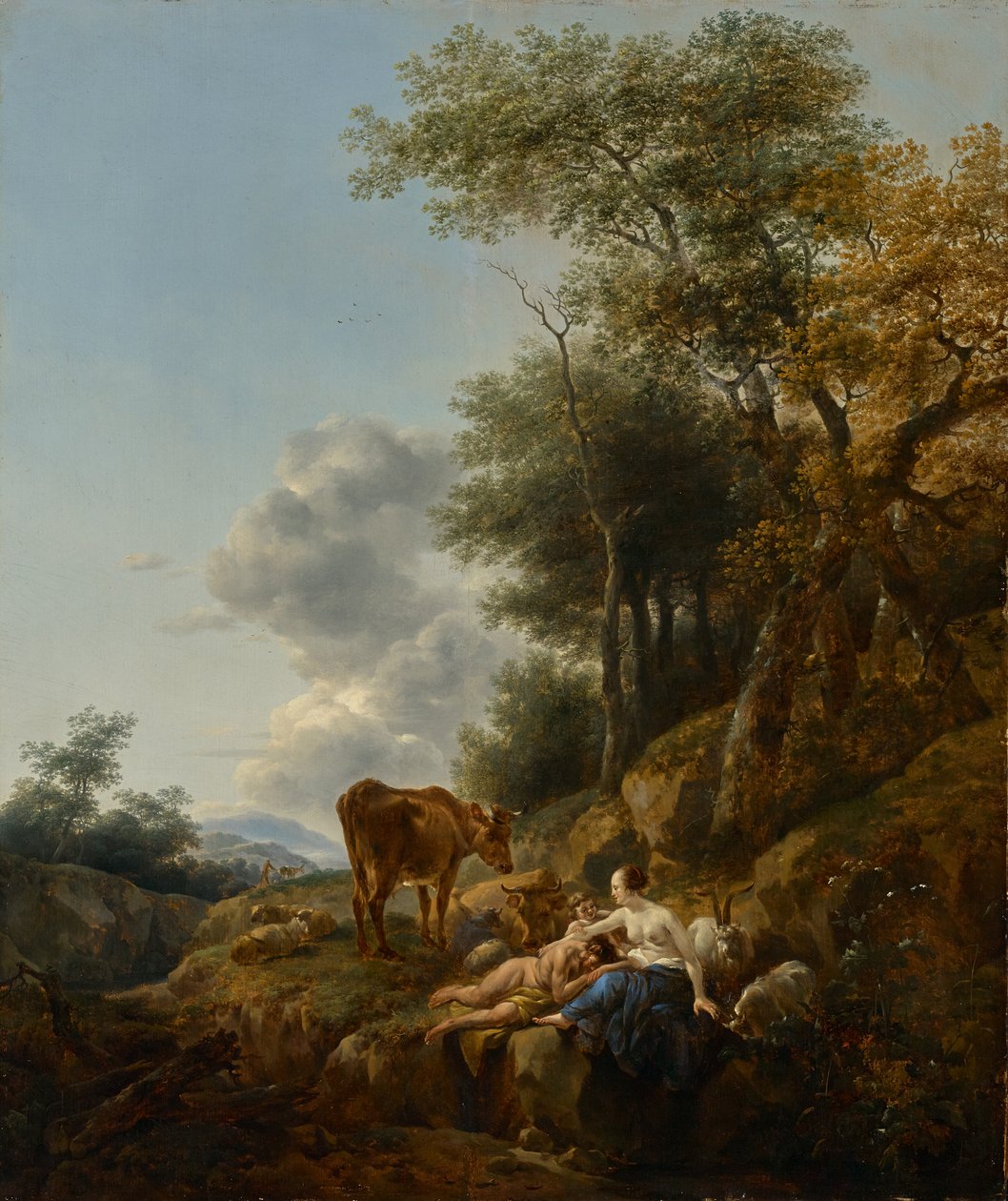 Landschaft mit einer Nymphe und einem Satyr, um 1647 von Nicolaes Pietersz. Berchem