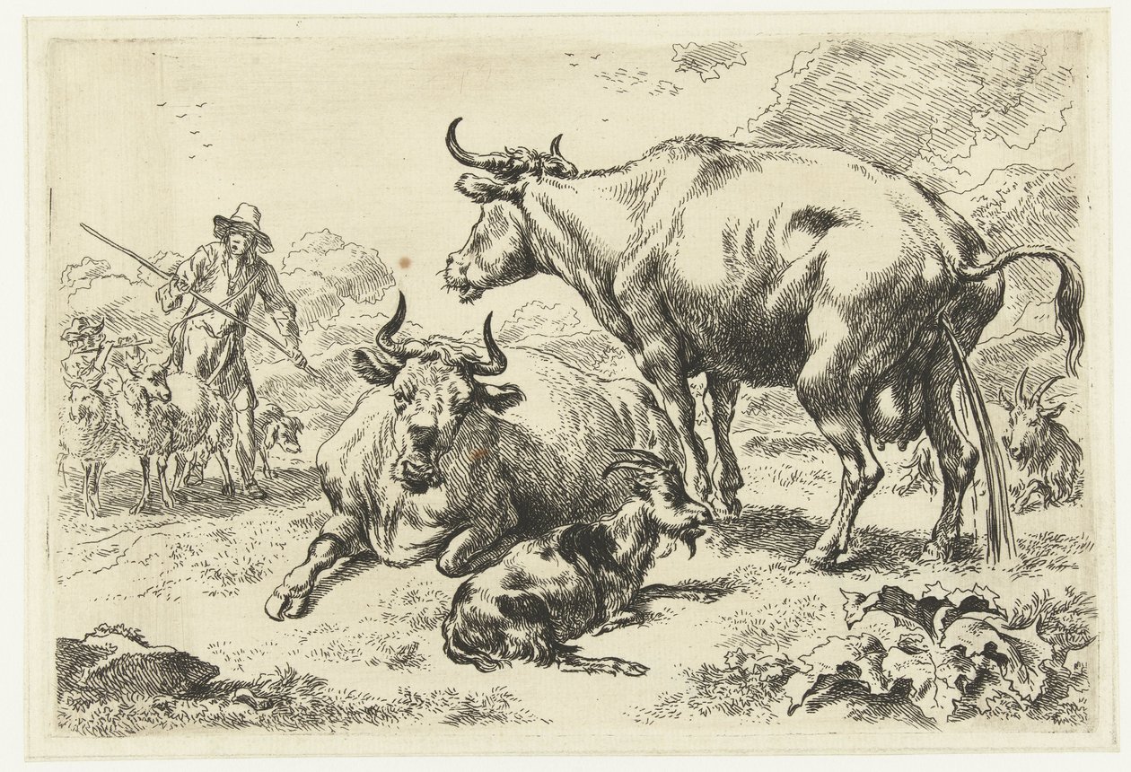 Liegende und eine pissende Kuh von Nicolaes Pietersz Berchem