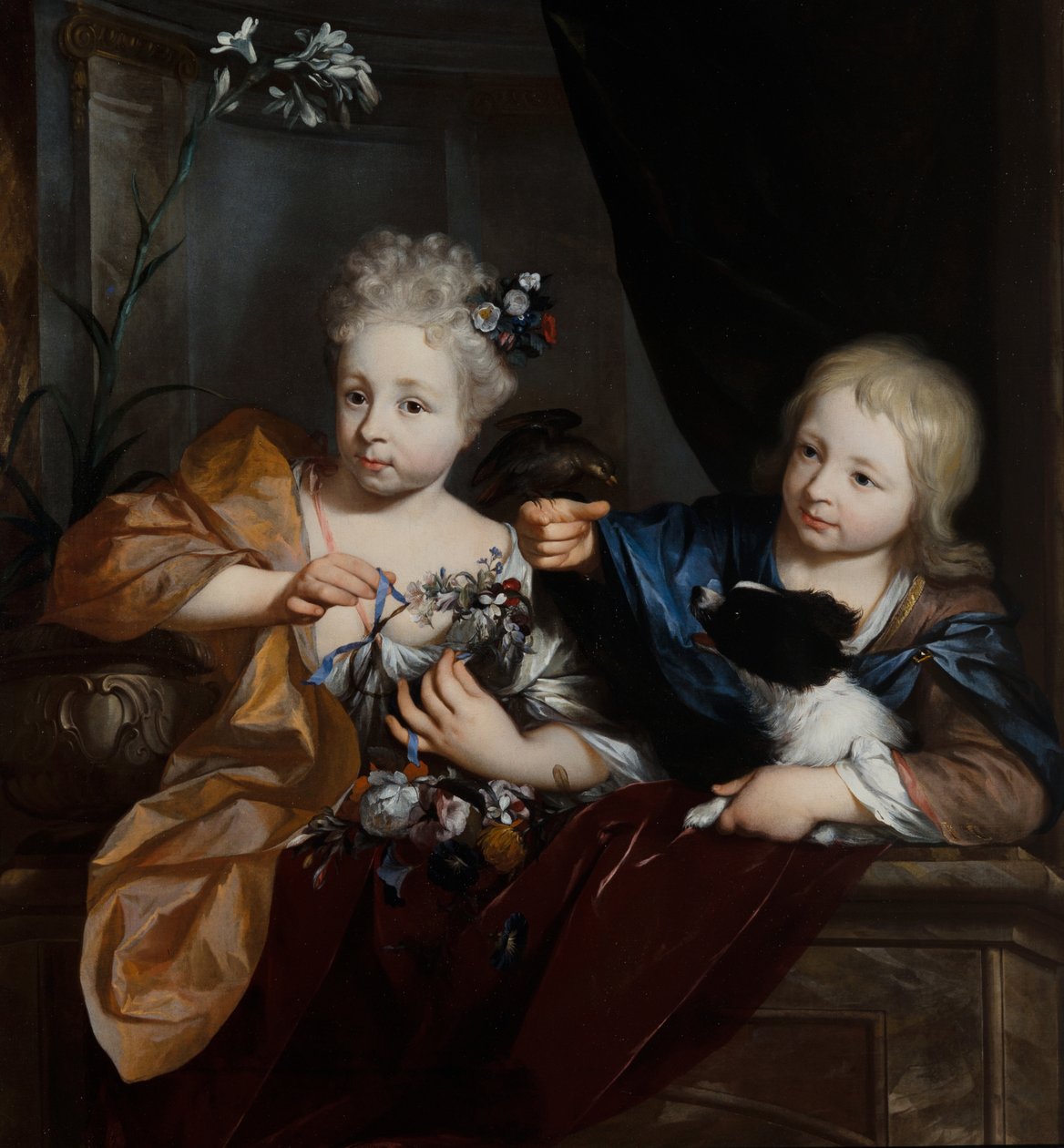 Ein Junge und ein Mädchen in einer architektonischen Umgebung von Nicolaes Verkolje