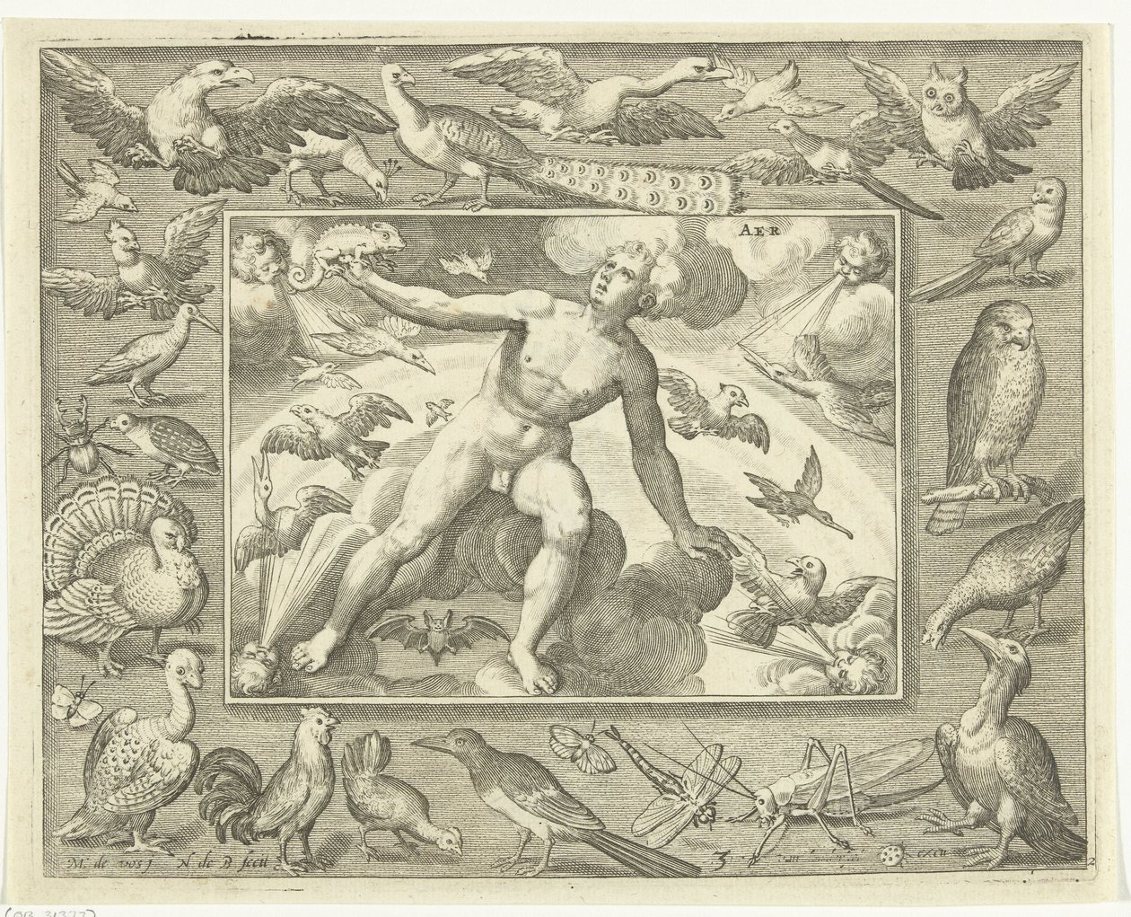 Element Luft als junger Mann auf Wolken zwischen fliegenden Vögeln von Nicolaes de Bruyn