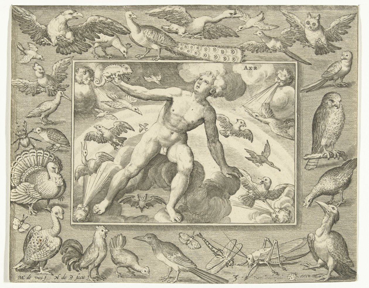 Element Luft als junger Mann auf Wolken zwischen fliegenden Vögeln (Aer) (Die vier Elemente) von Nicolaes de Bruyn