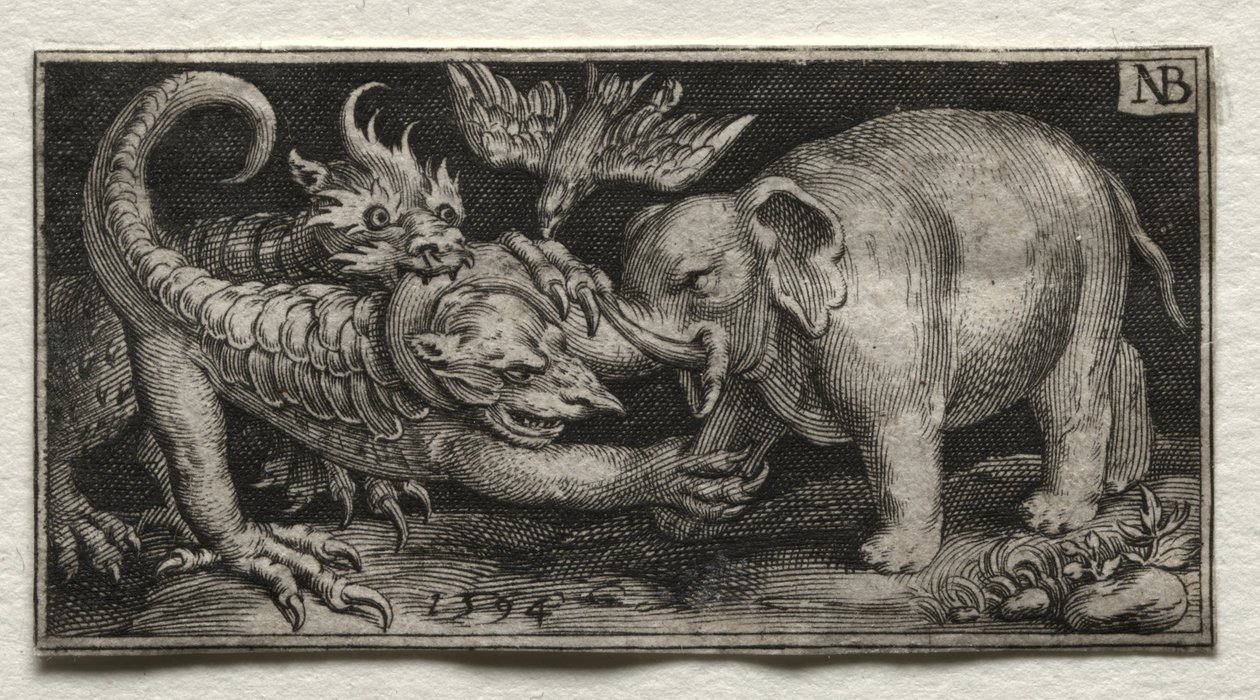 Elefant kämpft gegen zwei Bestien von Nicolaes de Bruyn