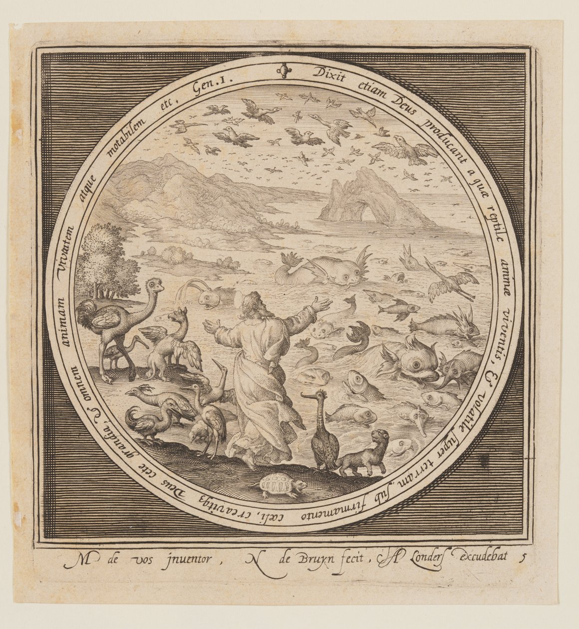 Fünfter Tag: Die Erschaffung von Vögeln und Fischen, von der Schöpfung bis zur Vertreibung aus dem Paradies von Nicolaes de Bruyn