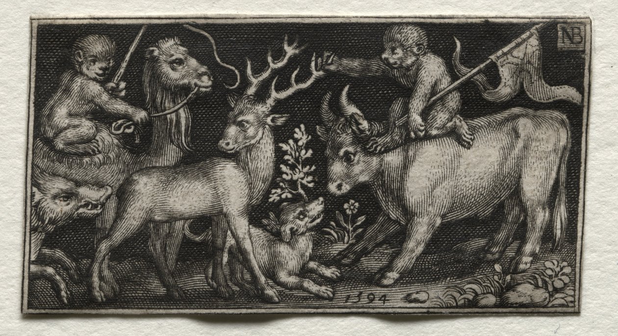 Affen reiten auf einem Kamel und einem Stier von Nicolaes de Bruyn