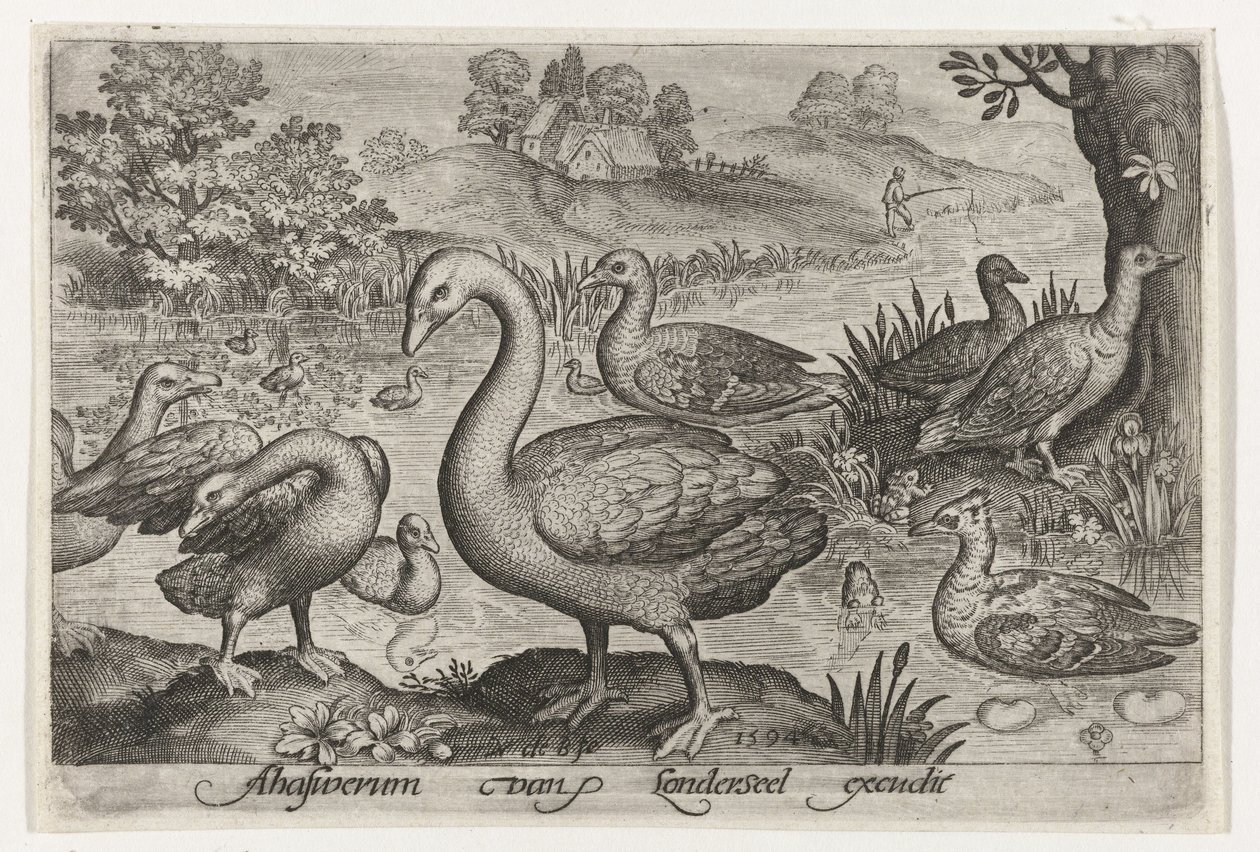 Schwan und Gänse und Enten am Wasser von Nicolaes de Bruyn