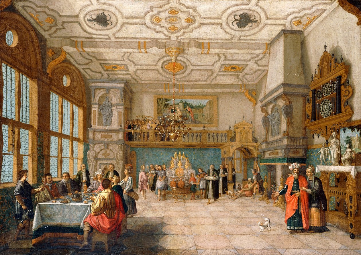 Lazarus an der Tür eines Bankettsaals mit eleganten Figuren beim Essen, 1622 von Nicolaes de Gyselaer