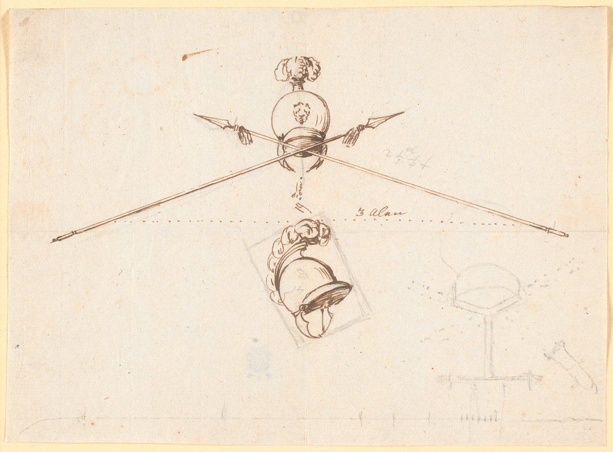 Dekorativer Entwurf. Ein Helm und zwei gekreuzte Speere u.a. von Nicolai Abildgaard