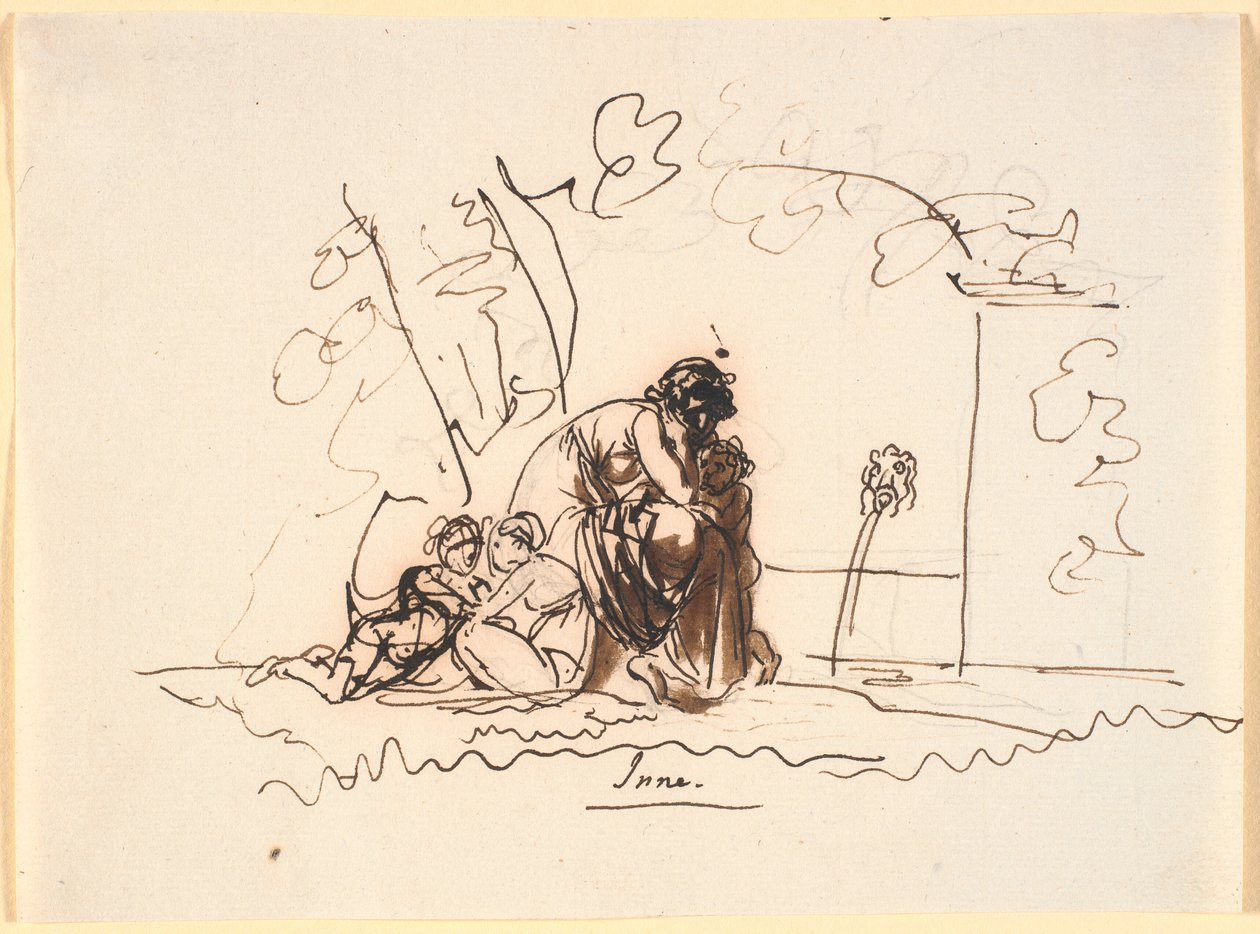 Eine Frau, die an einer Quelle mit drei kleinen Kindern sitzt von Nicolai Abildgaard