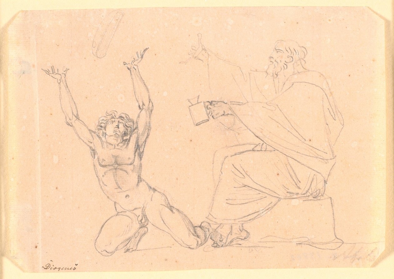 Ein Mann in Toga sitzt mit einer Laterne in der linken Hand, links von ihm kniet ein nackter Mann mit erhobenen Armen von Nicolai Abildgaard