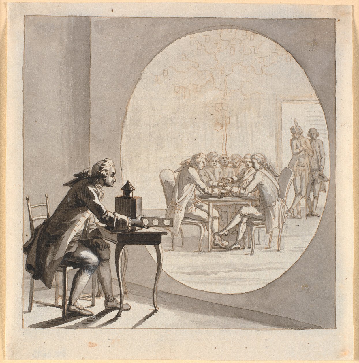Ein Mann mit einer Laterna Magica zeigt ein Bild des Geheimen Staatsrats von Nicolai Abildgaard