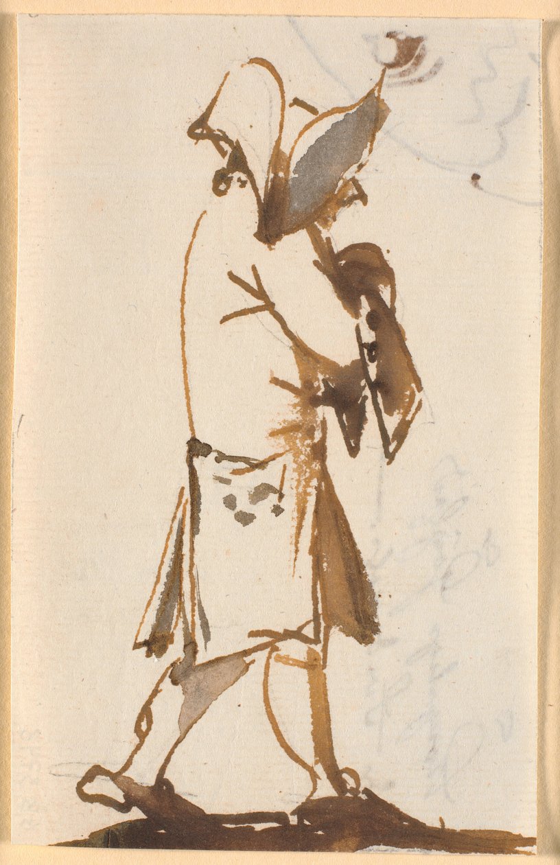 Karikatur eines gehenden Mannes mit dreieckigem Hut, im Profil nach rechts von Nicolai Abildgaard