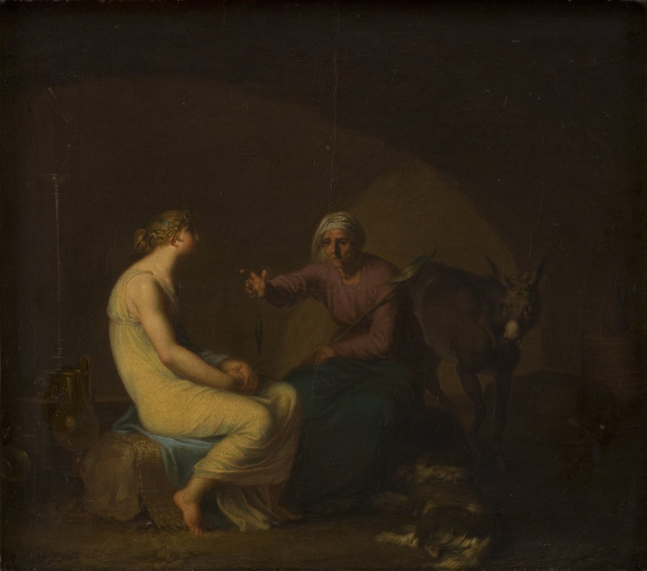 Die Haushälterin der Räuberbande tröstet das junge Mädchen, indem sie den Mythos von Amor und Psyche erzählt. Motiv aus Apulejus: Der goldene Esel von Nicolai Abildgaard