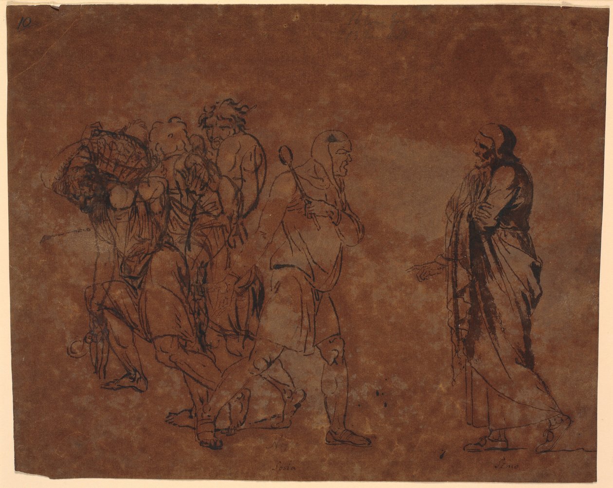 Studie von Simo, Sosie und den Sklaven, im Bild mit diesen Figuren. [Simo vertraut sich Sosia an] von Nicolai Abildgaard