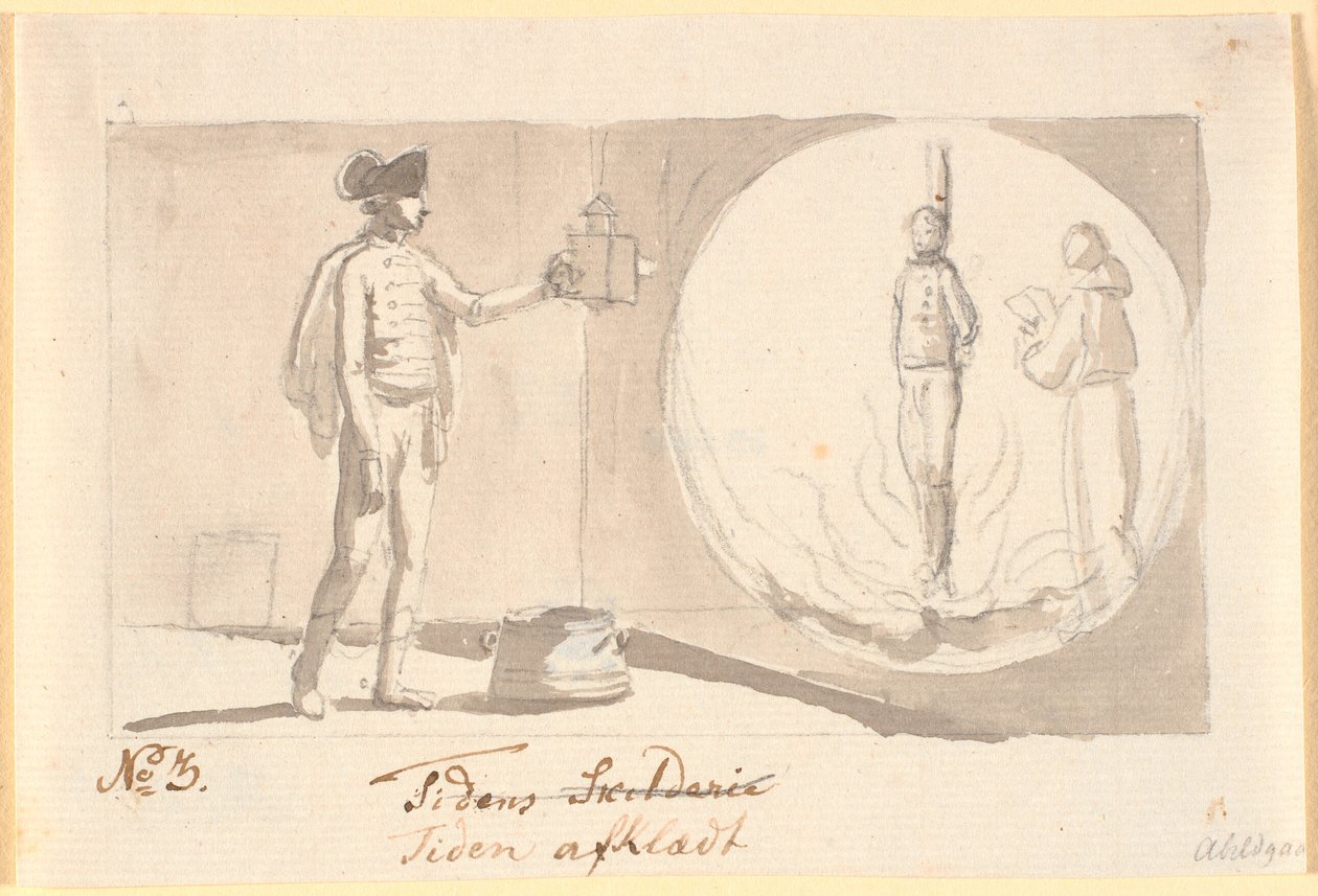 Die Zeit entkleidet. Ein Husarenoffizier mit einer Laterna magica zeigt ein Bild eines Sünders auf dem Scheiterhaufen und daneben ein Mönch, der Gebete liest von Nicolai Abildgaard