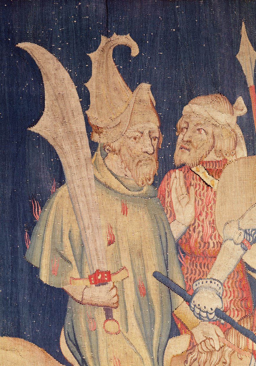 Detail eines Kavaliers aus den Myriaden von Löwen, aus dem Apokalypse-Wandteppich von Angers, 1373-87 von Nicolas Bataille