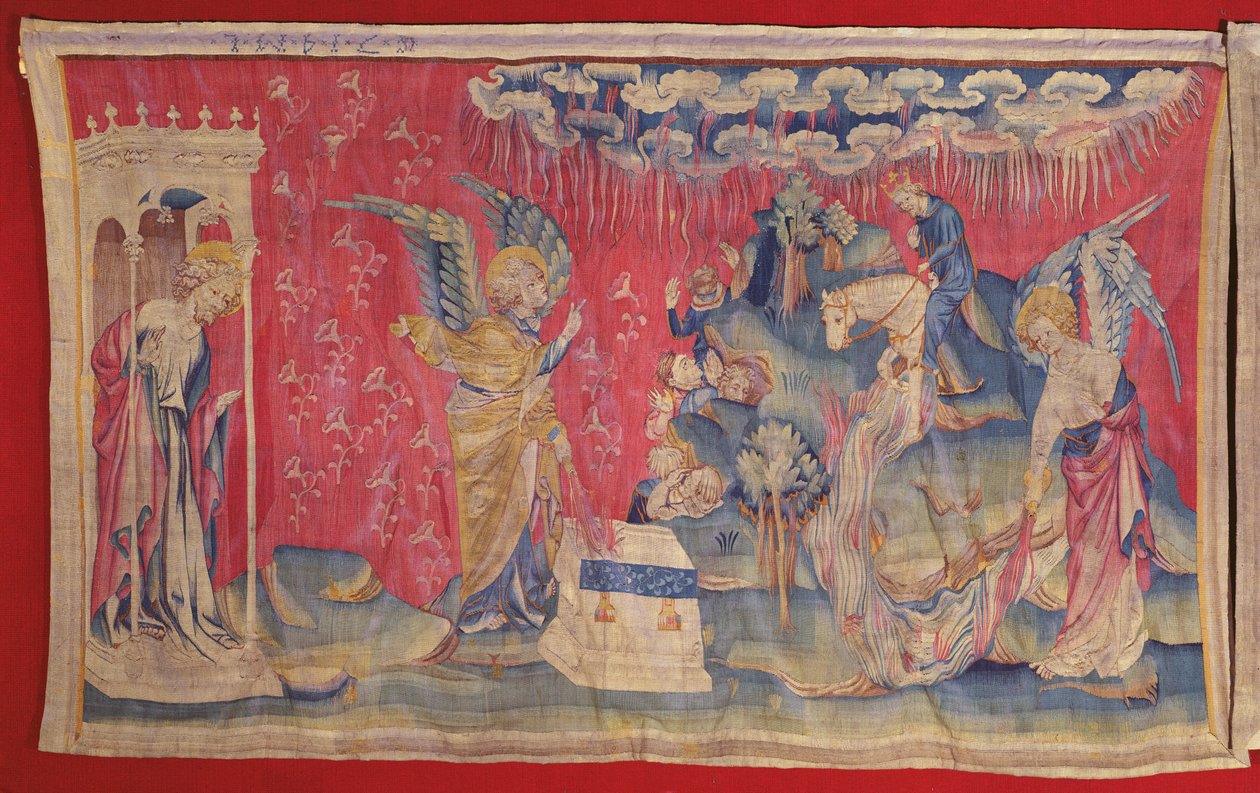 Der fünfte und sechste Krug: Die fünften und sechsten Engel gießen ihre Krüge auf den Thron und in den Fluss Euphrat, aus dem Apokalypse-Wandteppich von Angers, 1373-1387 von Nicolas Bataille