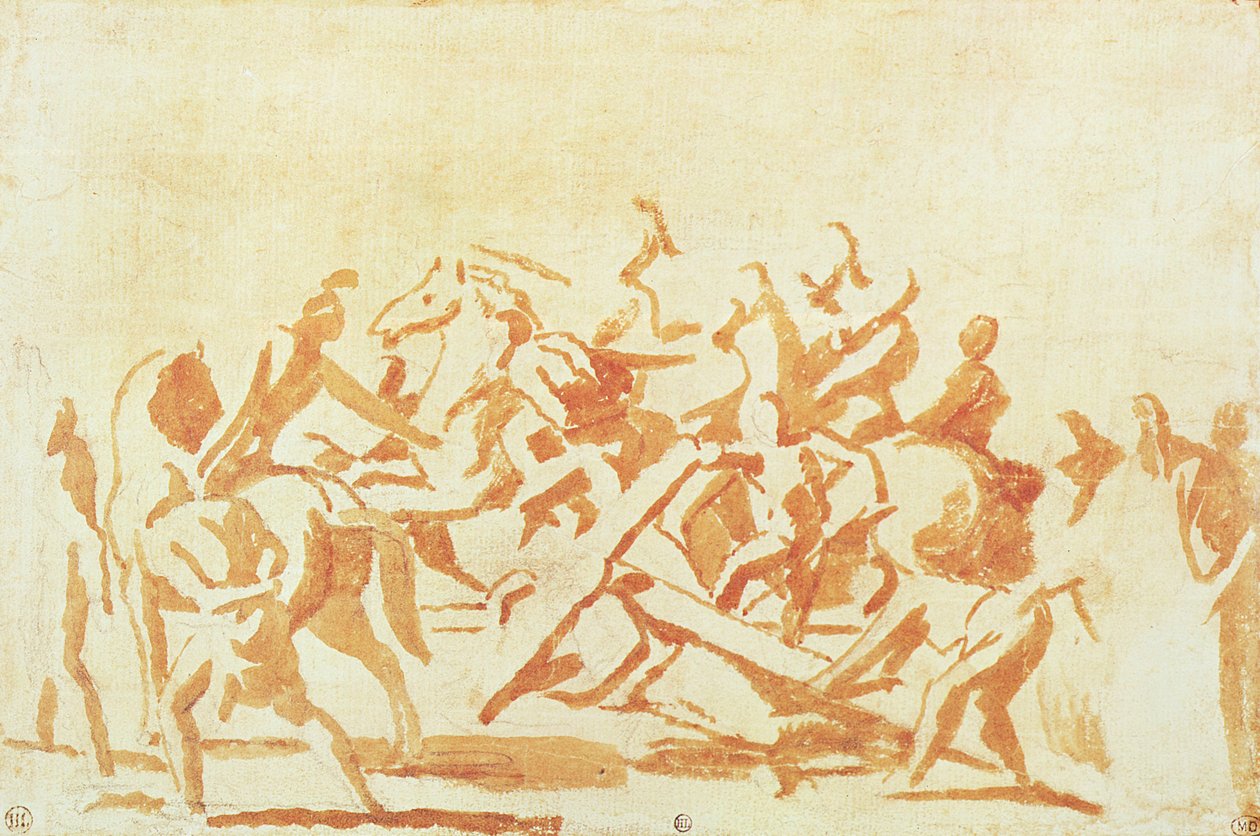 Studie von Christus, der das Kreuz trägt (Kreide und Waschung auf Papier) von Nicolas Poussin