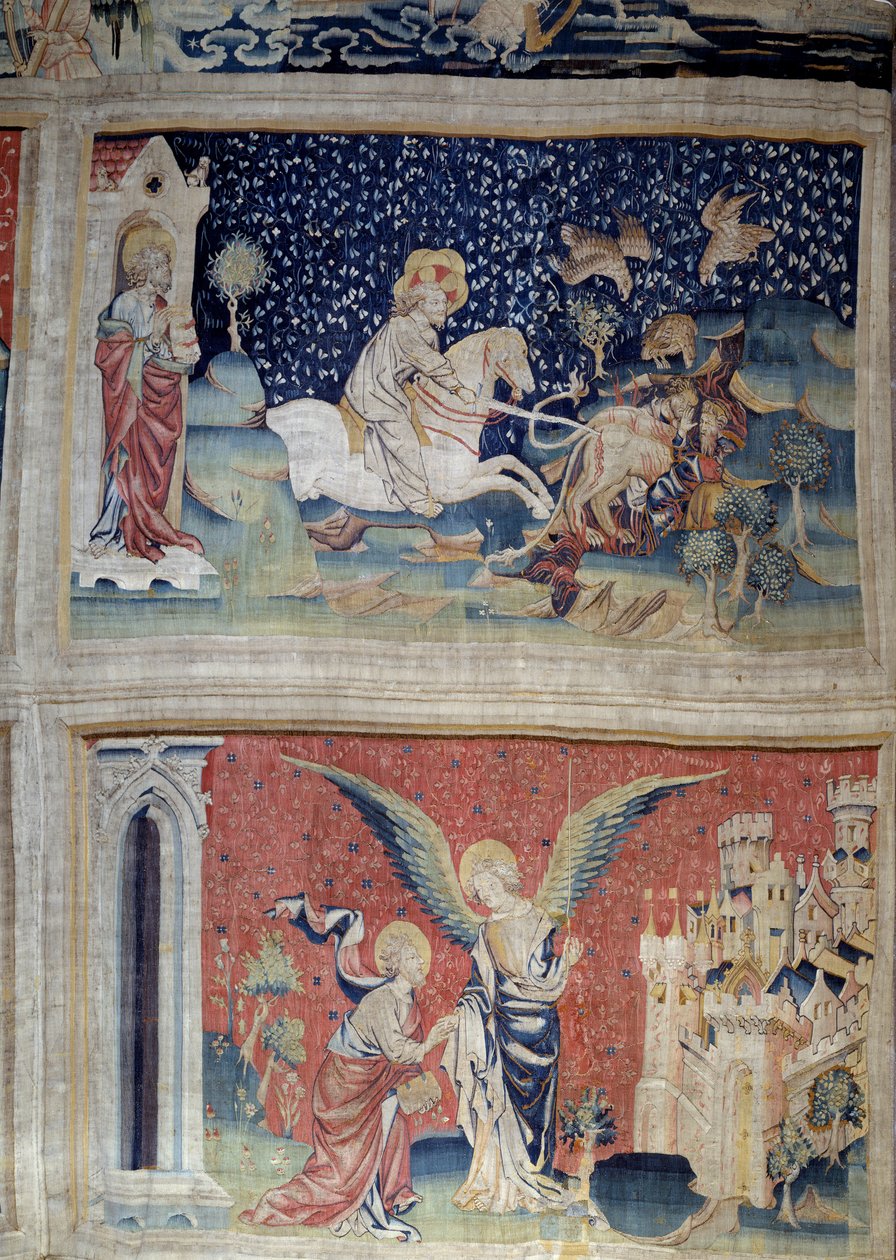 Wandbehang der Offenbarung (1373-1383), Nr. 70: Das Wort Gottes lädt die Rüben. Nr. 74: Johannes vor dem Engel und dem neuen Jerusalem. Tapisserie von Nicolas Bataille von Nicolas Bataille