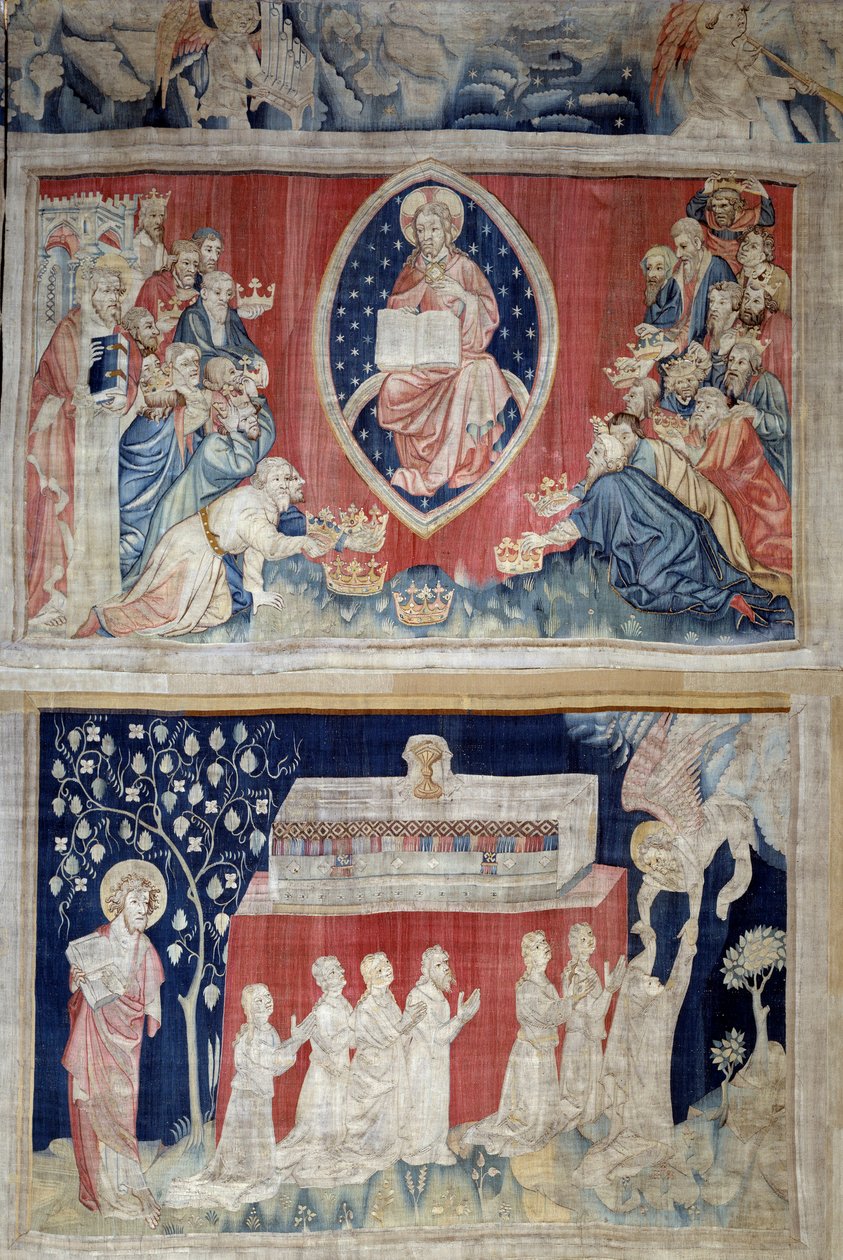 Der Vorhang der Offenbarung (1373-1383), Nr. 5: Die Ältesten verneigen sich vor Christus in Majestät (Jesus Christus in Herrlichkeit ist innerhalb einer Mandorla dargestellt). Nr. 11: Die Seelen der Märtyrer. Tapisserie von Nicolas Bataille von Nicolas Bataille