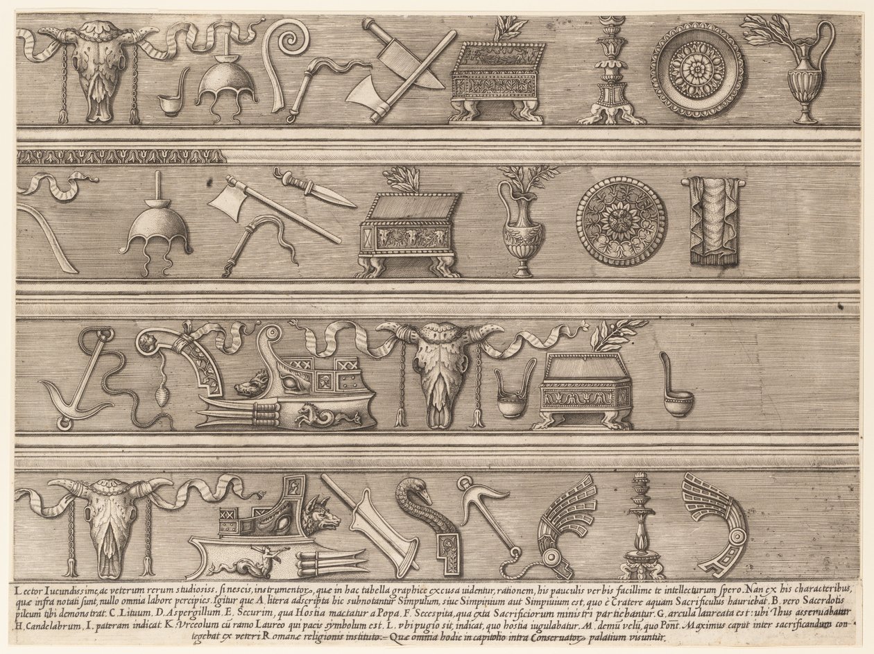 Speculum Romanae Magnificentiae: Opferinstrumente basierend auf antiken Reliefs, ca. 1550-75 von Nicolas Beatrizet.