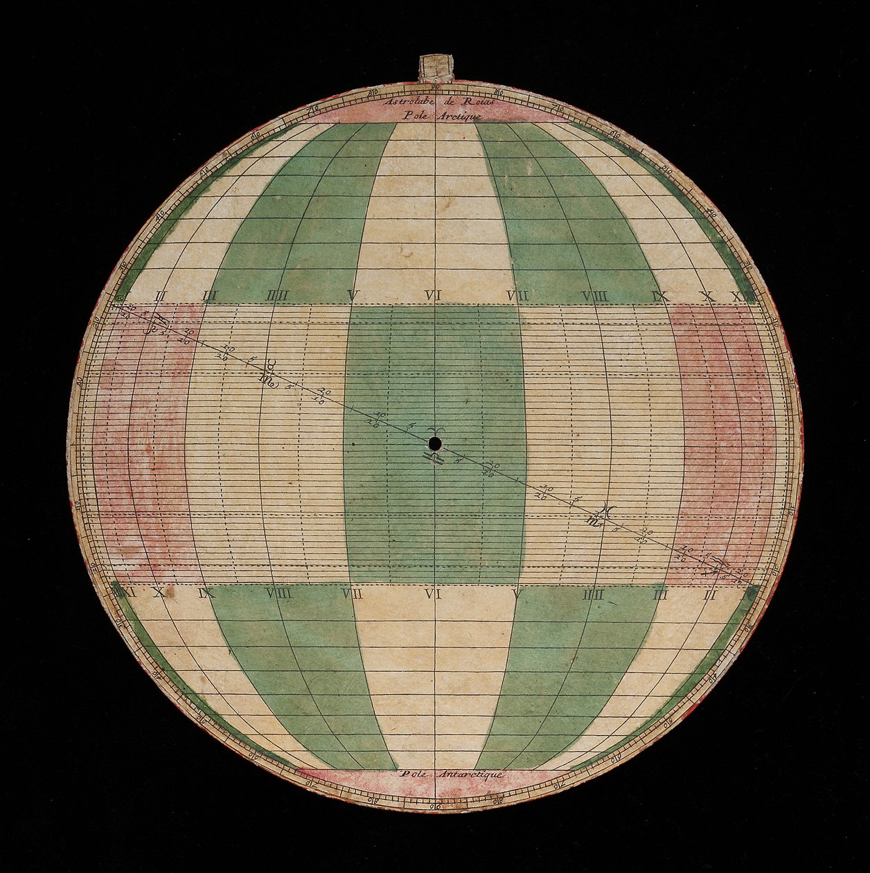 Astrolabium, Detail einer Platte mit einer Projektion von Rojas von Nicolas Bion