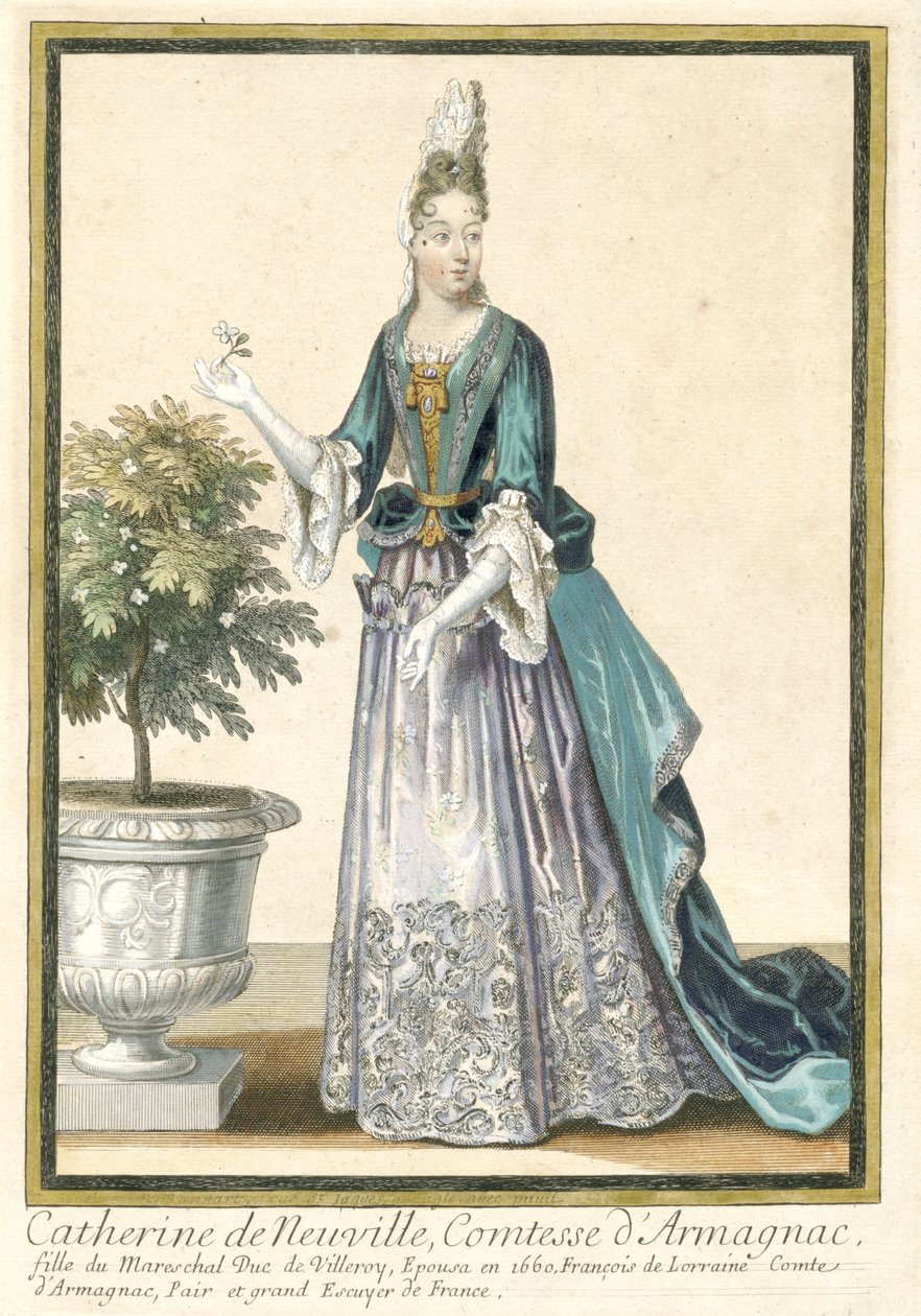Französische Drucke, die französische Mode propagieren: Porträt von Catherine de Neuville, Gräfin von Armagnac von Nicolas Bonnart (fils)