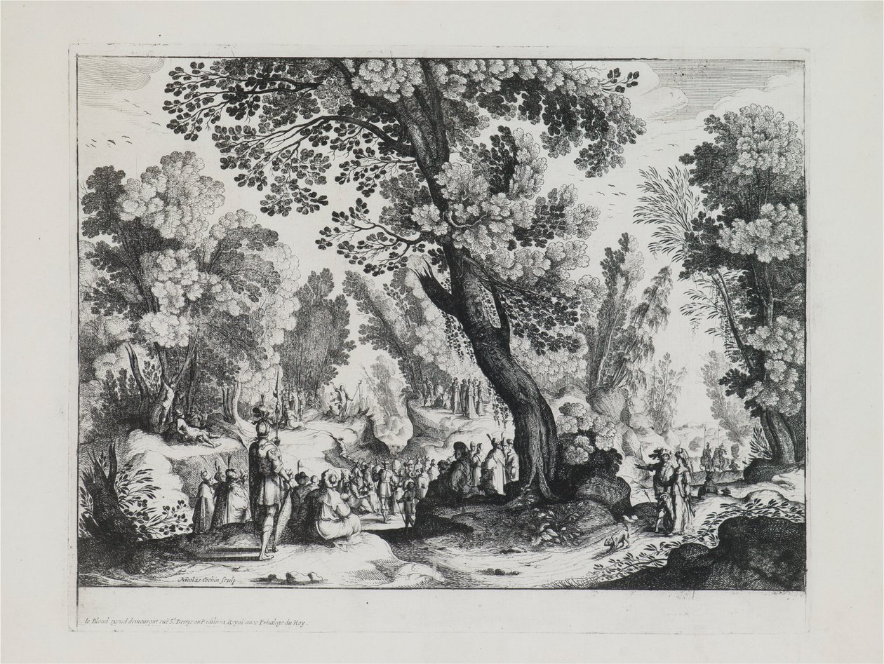 Eine bewaldete Landschaft mit der Predigt des Hl. Johannes des Täufers von Nicolas Cochin