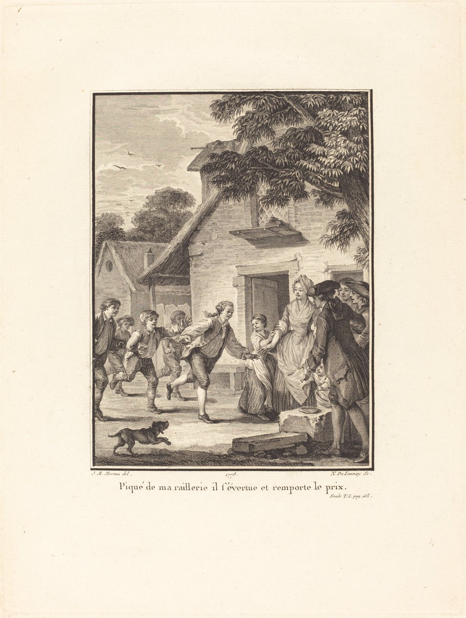 Gereizt durch meinen Spott, bemüht er sich und gewinnt den Preis von Nicolas Delaunay after Jean Michel Moreau