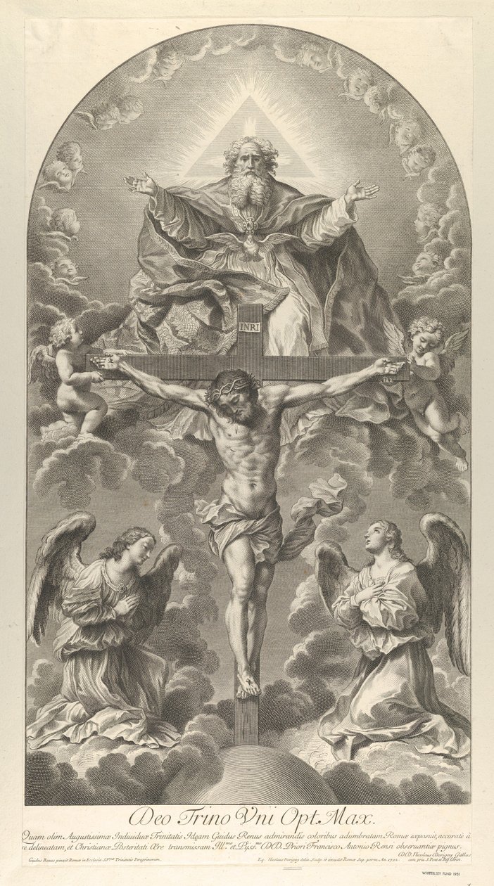 Die Heilige Dreifaltigkeit, Christus am Kreuz flankiert von zwei Engeln, der Heilige Geist als Taube, 1702 von Nicolas Dorigny