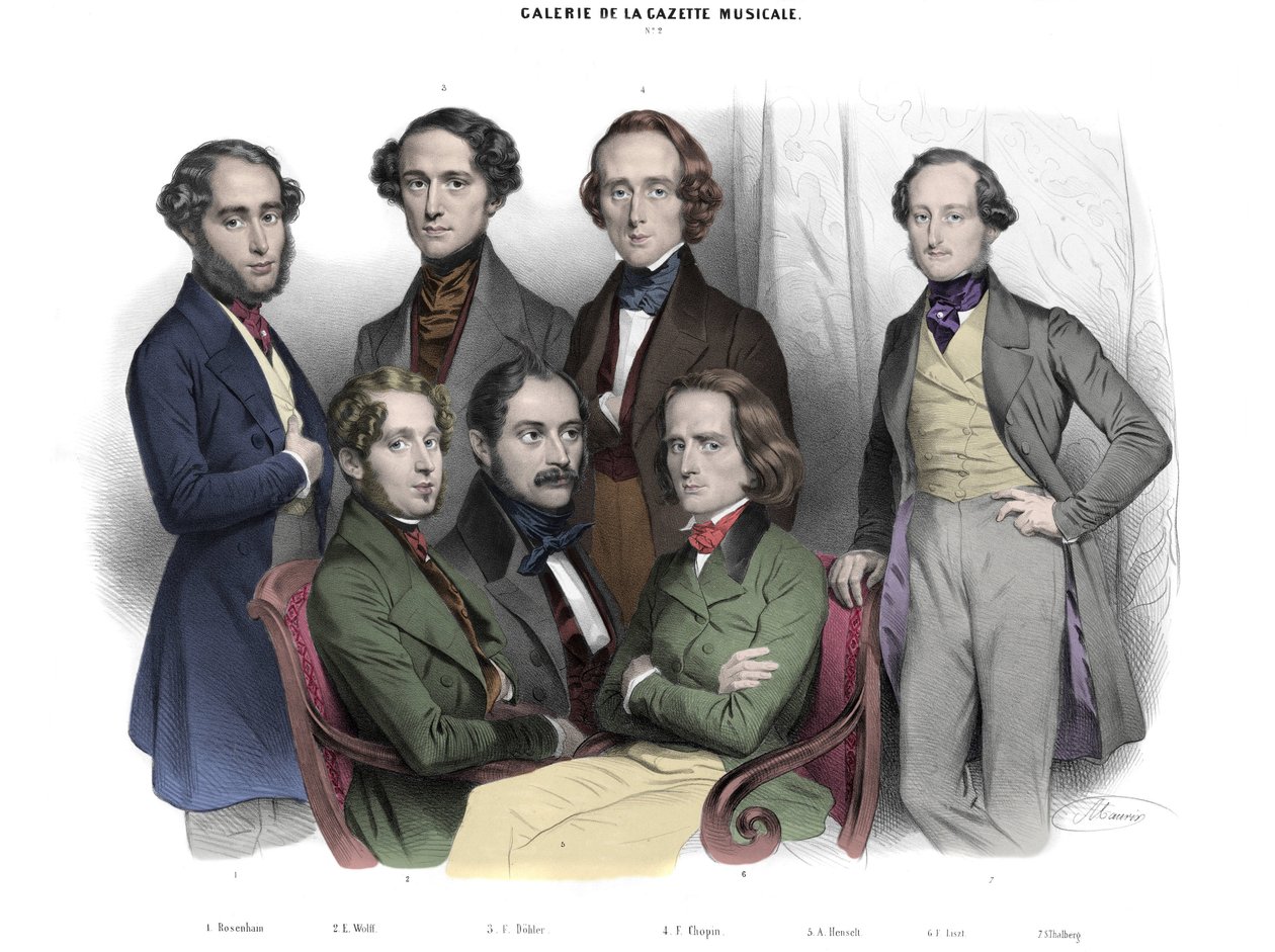 Galerie de la Gazette musicale N. 2. Berühmtheiten von 1842: Frederic Chopin, Franz Liszt, Jacob Rosenhain, Edouard Wolff, Sigismund Thalberg, Adolf von Henselt, Theodor Dohler. Gravur von Nicolas von Nicolas Eustache Maurin
