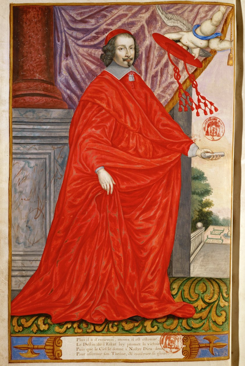 Mazarin, Jules, Kardinal aus dem Panegyrique illustre des Hommes célèbres de notre Siècle Miniatur auf Pergament MS 2213 von Nicolas Jarry