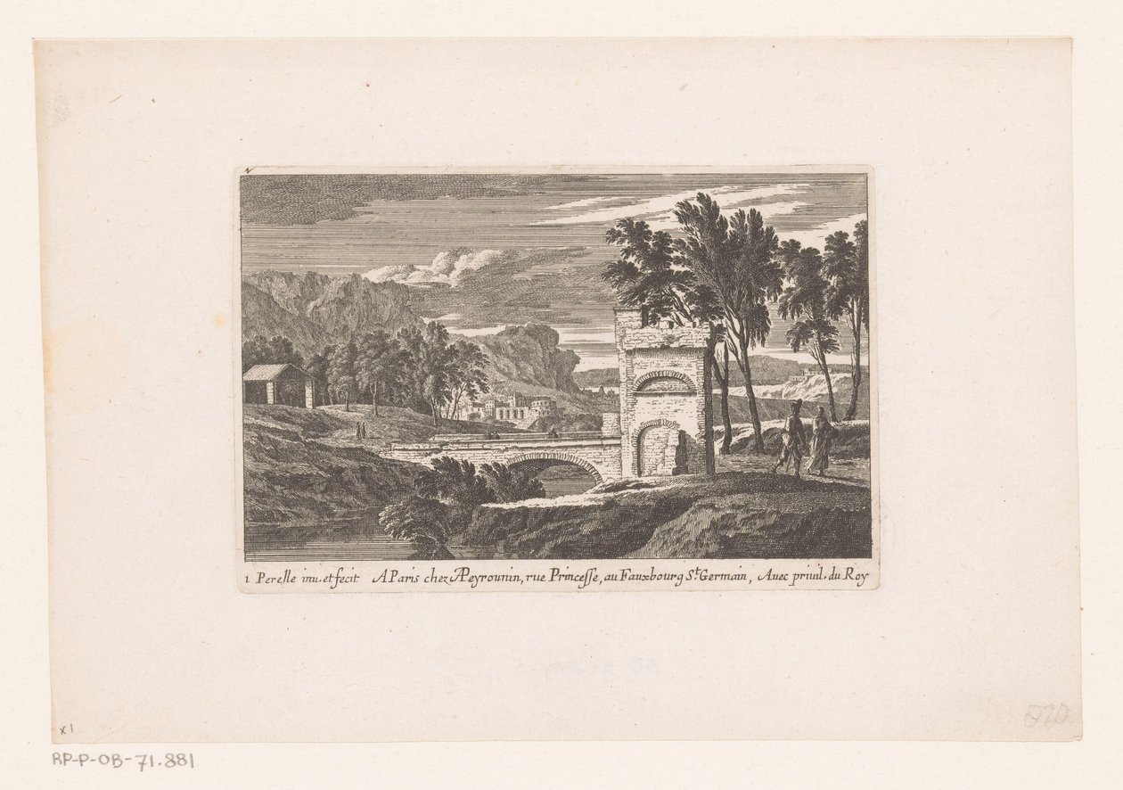 Landschaft mit Wanderern bei einer Steinbrücke von Nicolas Perelle
