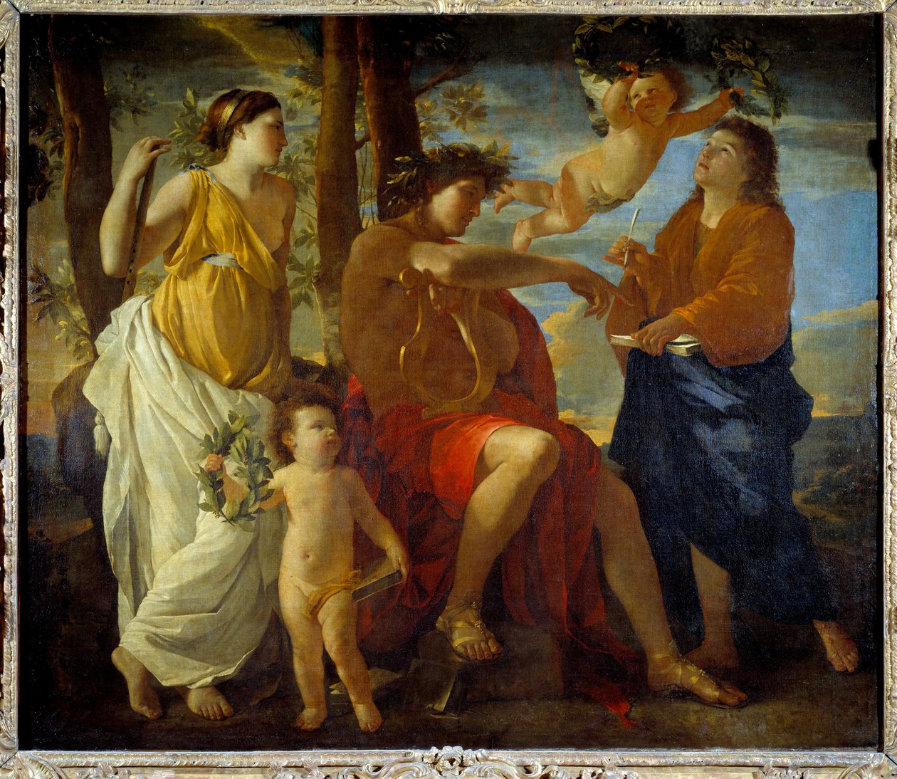 Die Inspiration des Dichters Ein Dichter, eine Lyra in der Hand und mit einem Lorbeerkranz gekrönt, umgeben von Musen und Putti. Gemälde von Nicolas Poussin von Nicolas Poussin