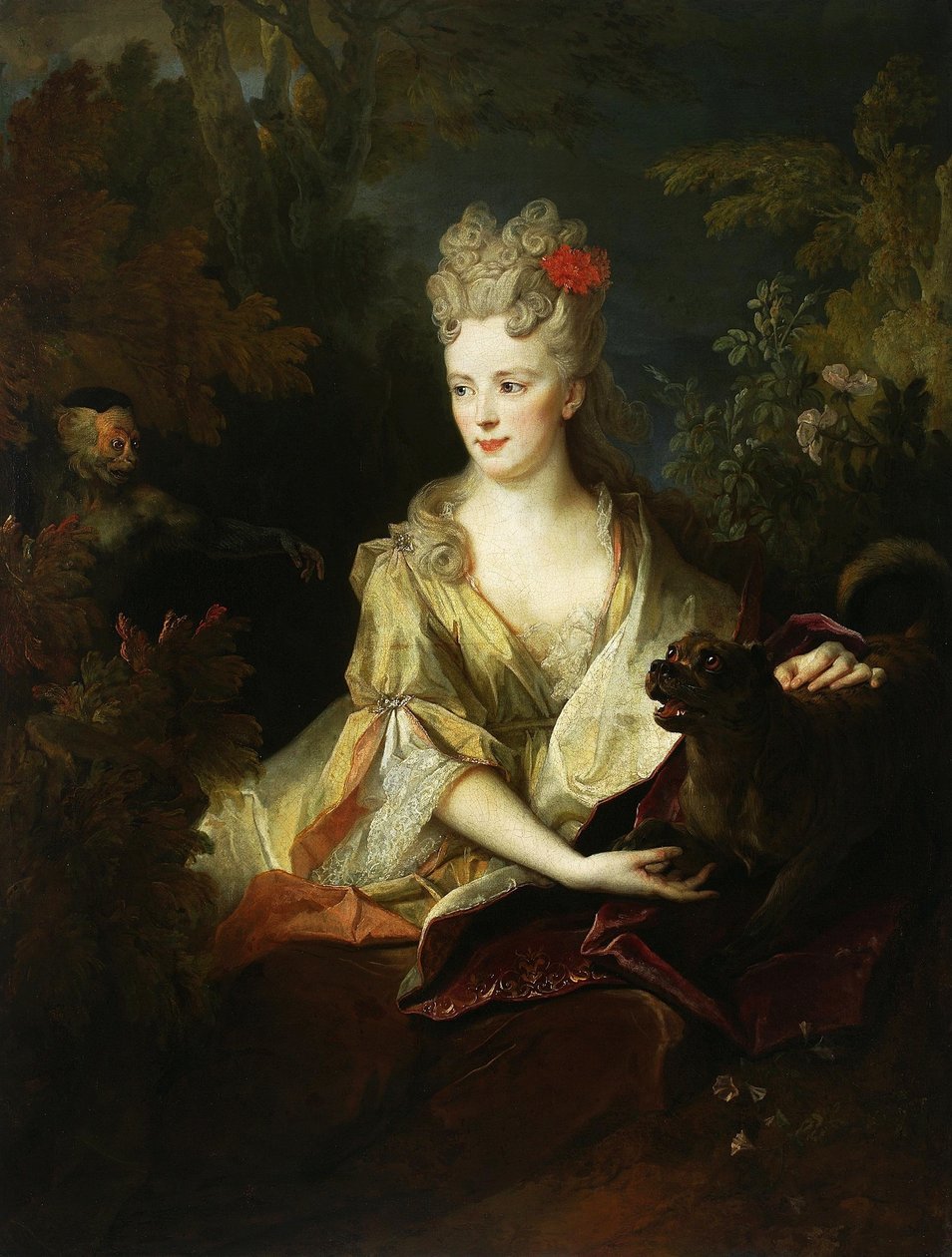 Porträt einer Dame mit einem Hund und einem Affen von Nicolas de Largillière