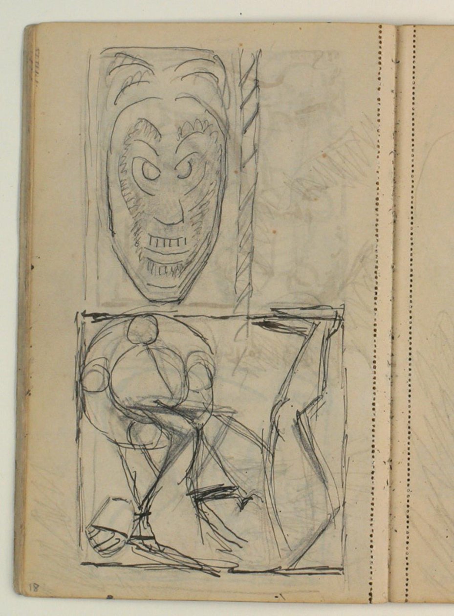 Skizze einer Maske, vermutlich nach Vorlage. Entwurf für Poul S. Christiansens Grabmal von Niels Larsen Stevns