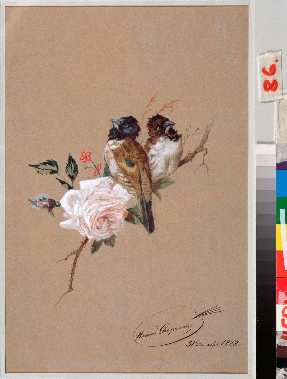 Zwei Vögel auf einer Rose von Nikolai Egorevich Sverchkov