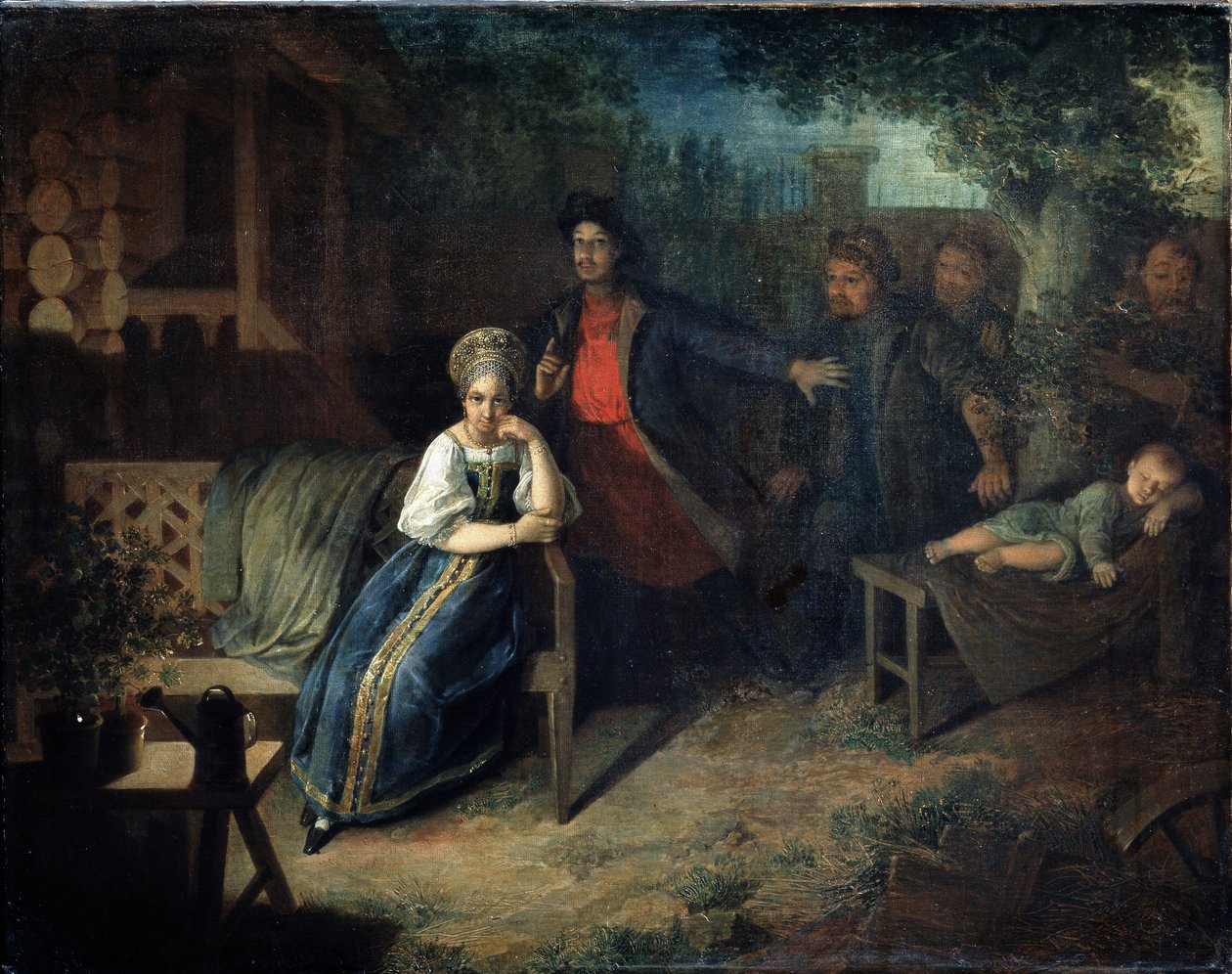 Der Räuber Jegor Baschlyk entführt die Frau des Kaufmanns Grunya. Gemälde von Nikolai Michailowitsch Alexejew (1813-1880). Öl auf Leinwand, 77,7 x 99,2 cm von Nikolai Mikhailovich Alexeyev