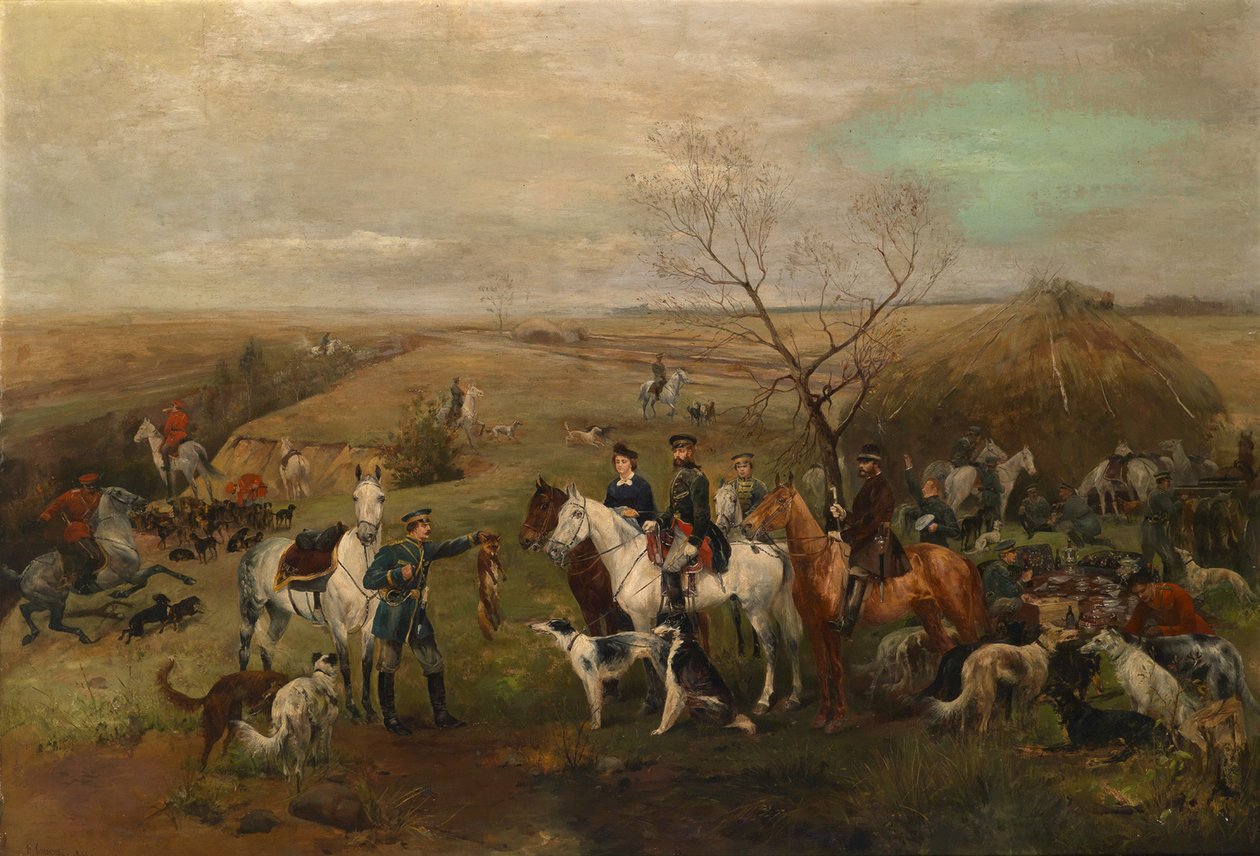 Jagdgesellschaft mit Kaiser Alexander III. und Kaiserin Maria Feodorowna, 1880er Jahre von Nikolai Semyonovich Samokish