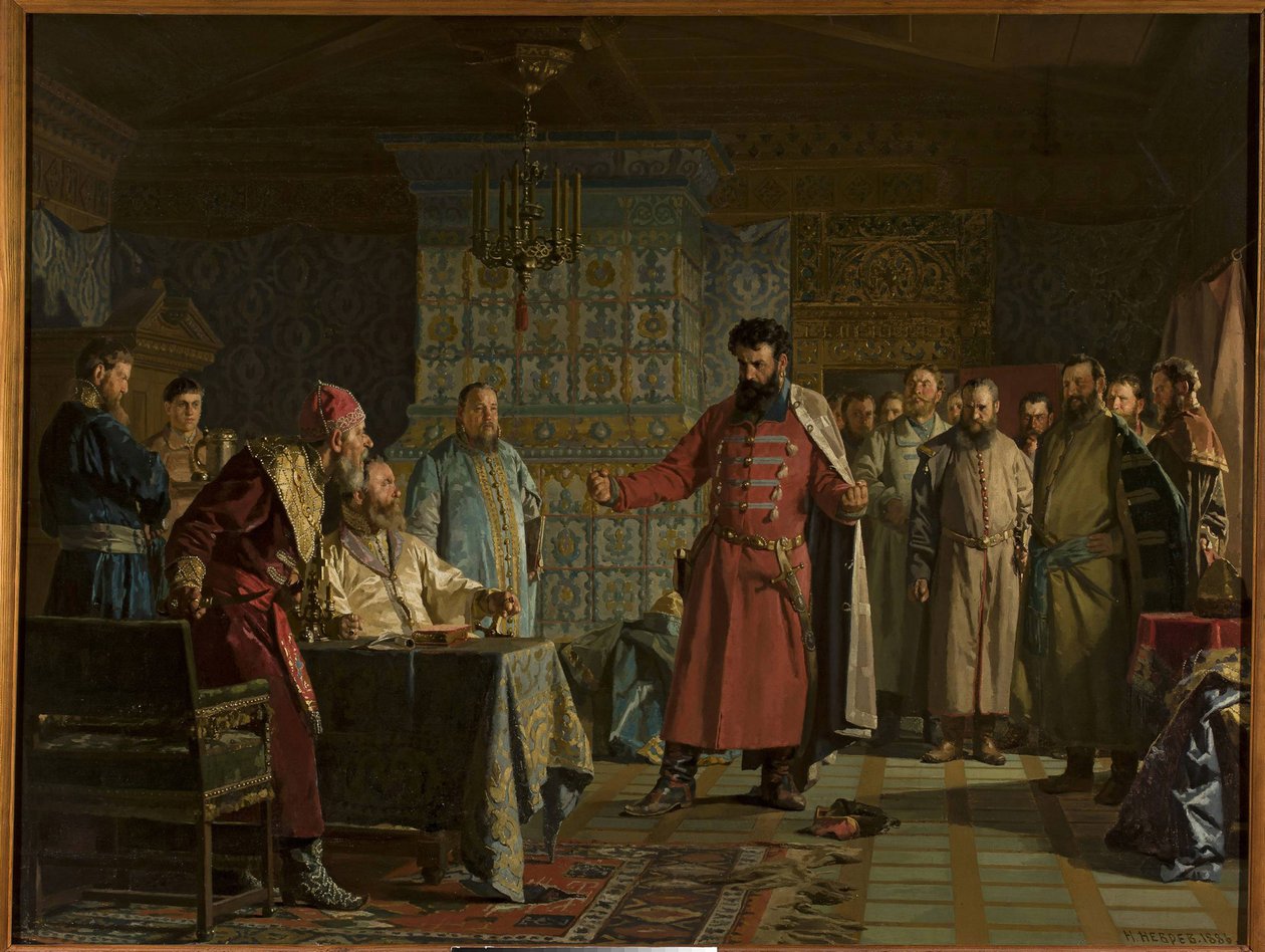 Der Streit von Zakhary Petrovich Lyapunov (gestorben nach 1612) mit Zar Wassili IV. Schuiski (1552-1612) im Kreml von Nikolai Vasilievich Nevrev