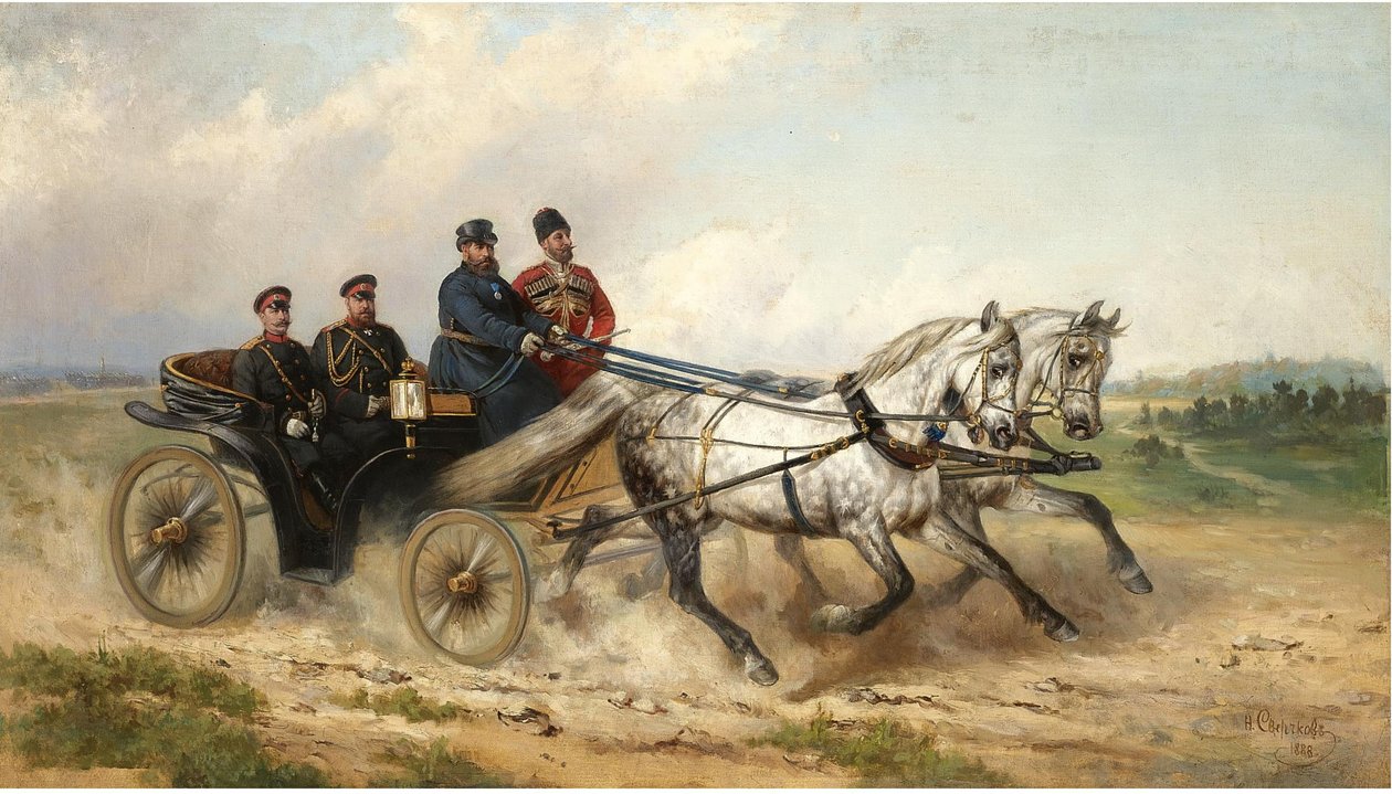 Zar Alexander III. und Kaiser Wilhelm II. in einer Landauer, 1888 von Nikolai Yegorovich Sverchkov