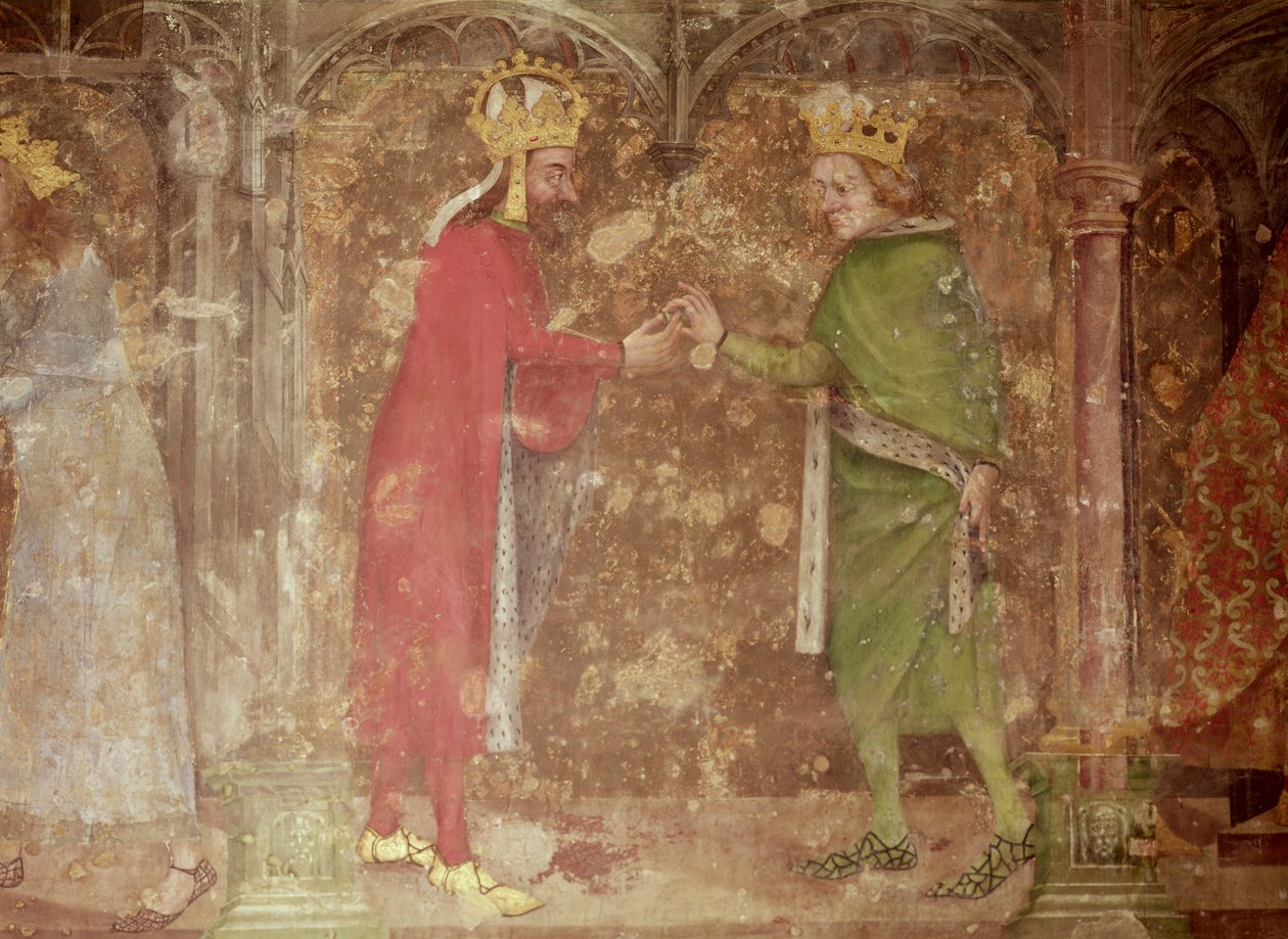 Der Heilige Römische Kaiser Karl IV. erhält einen Dorn aus der Krone Christi vom französischen König Jean II., aus der Kapelle Unserer Lieben Frau, 1357-60 von Nikolaus Wurmser